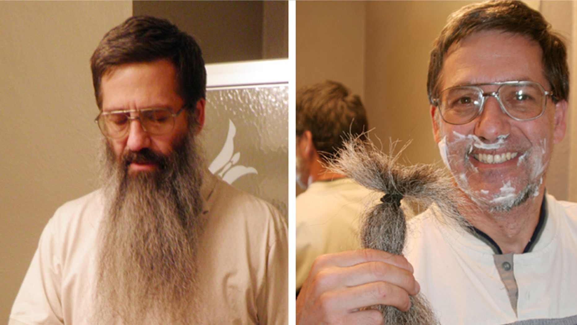 May 1, 2011: Middle school teacher Gary Weddle, 50, East Wenatchee, Wash., displays his cut beard while shaving the remaining stubble