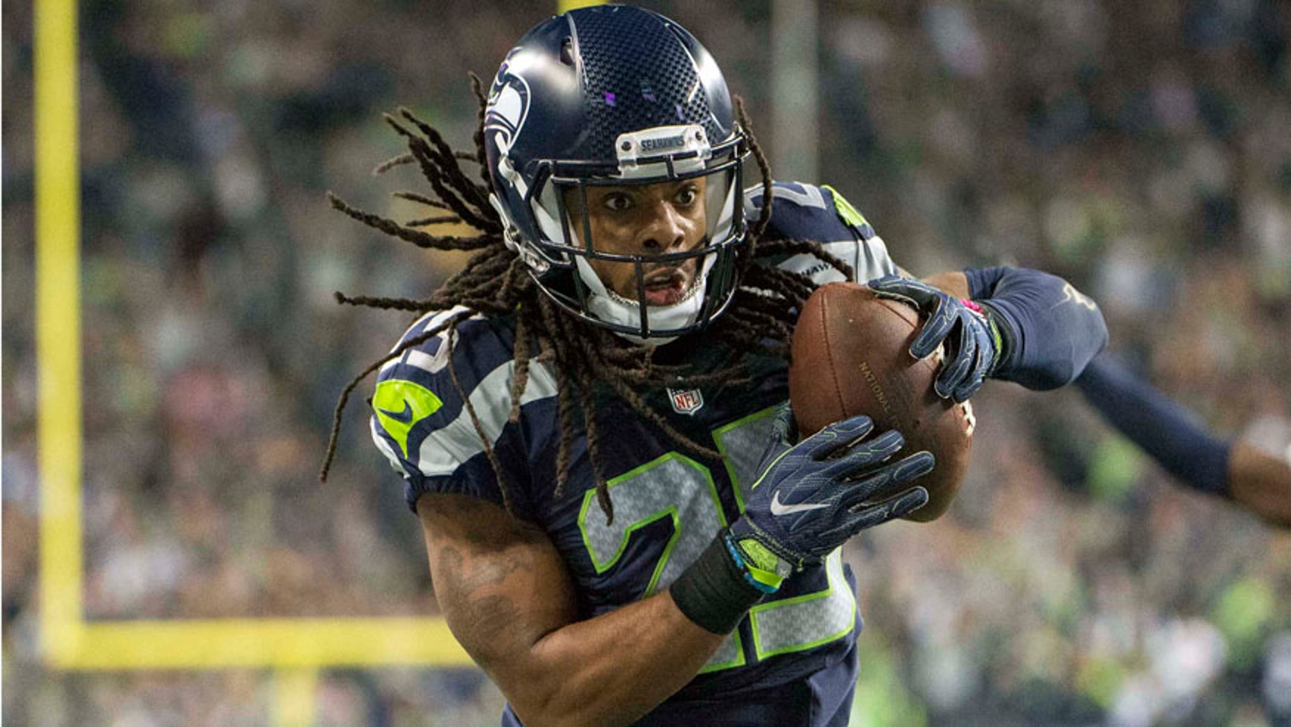 Nov 7, 2016: Seattle Seahawks cornerback Richard Sherman intercepts a pass during the third quarter in a game against the Buffalo Bills at CenturyLink Field.