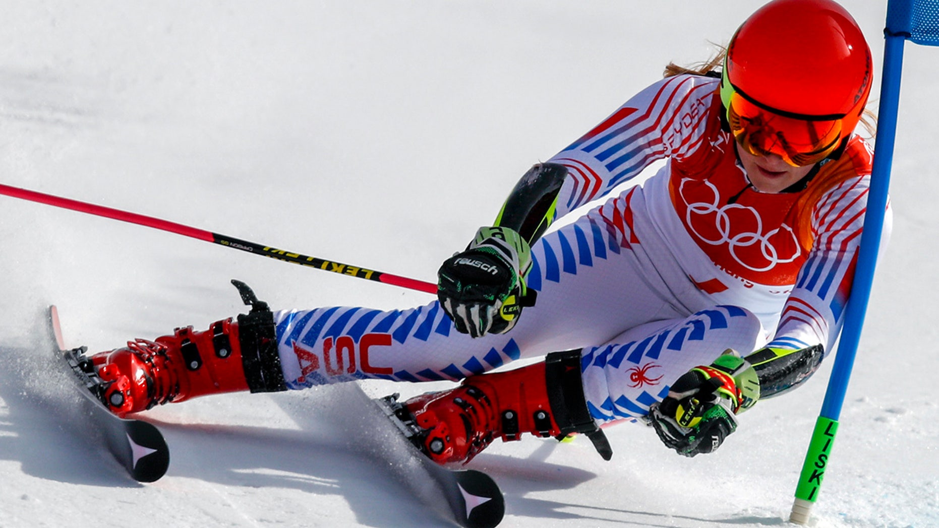 Mikaela Shiffrin, of the United States, attacks the gate during the second run of the Women's Giant Slalom at the 2018 Winter Olympics in Pyeongchang, South Korea, Thursday, Feb. 15, 2018.