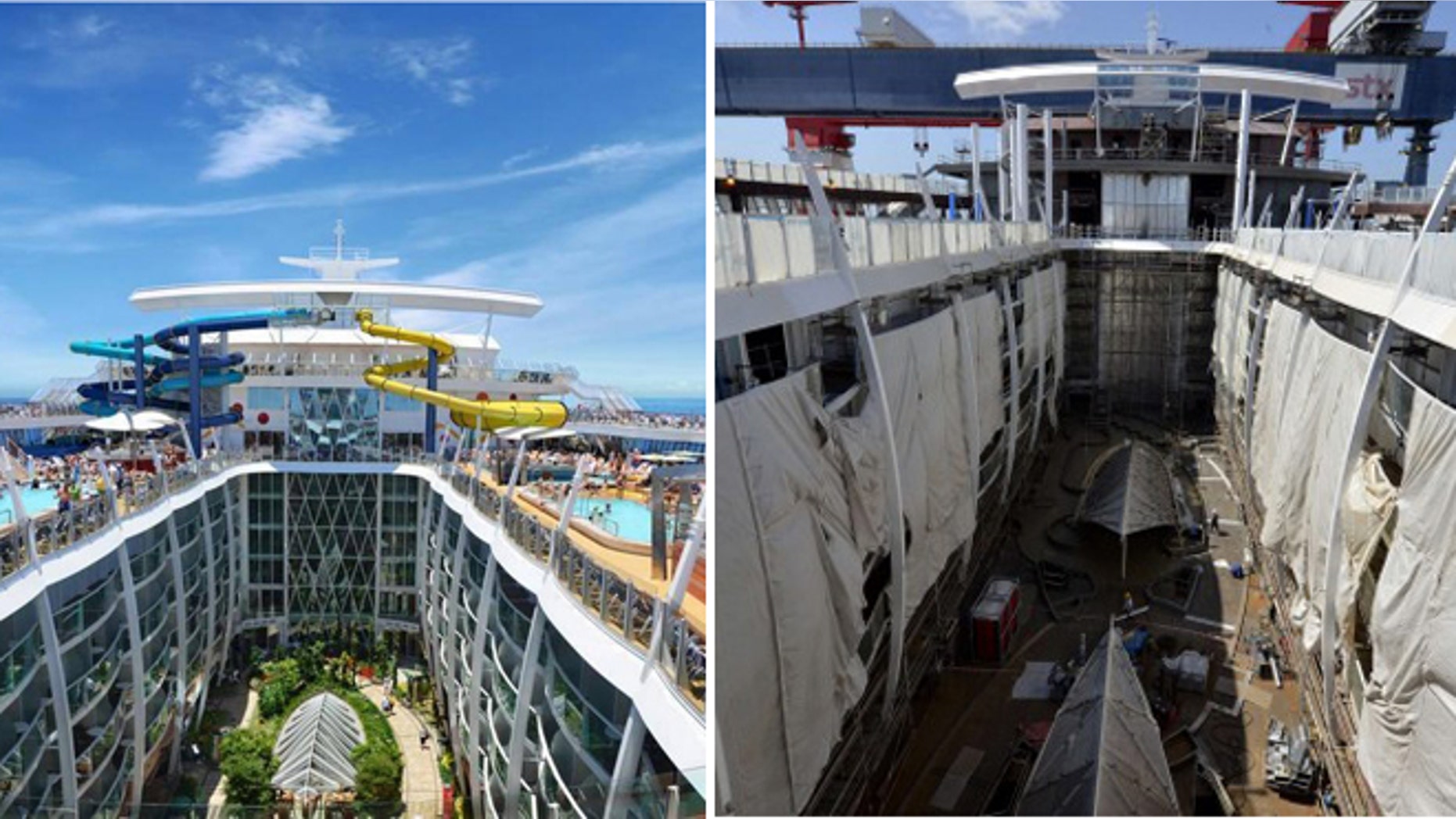 A rendering of the completed ship interior contrasted with a peek inside the ship under construction.