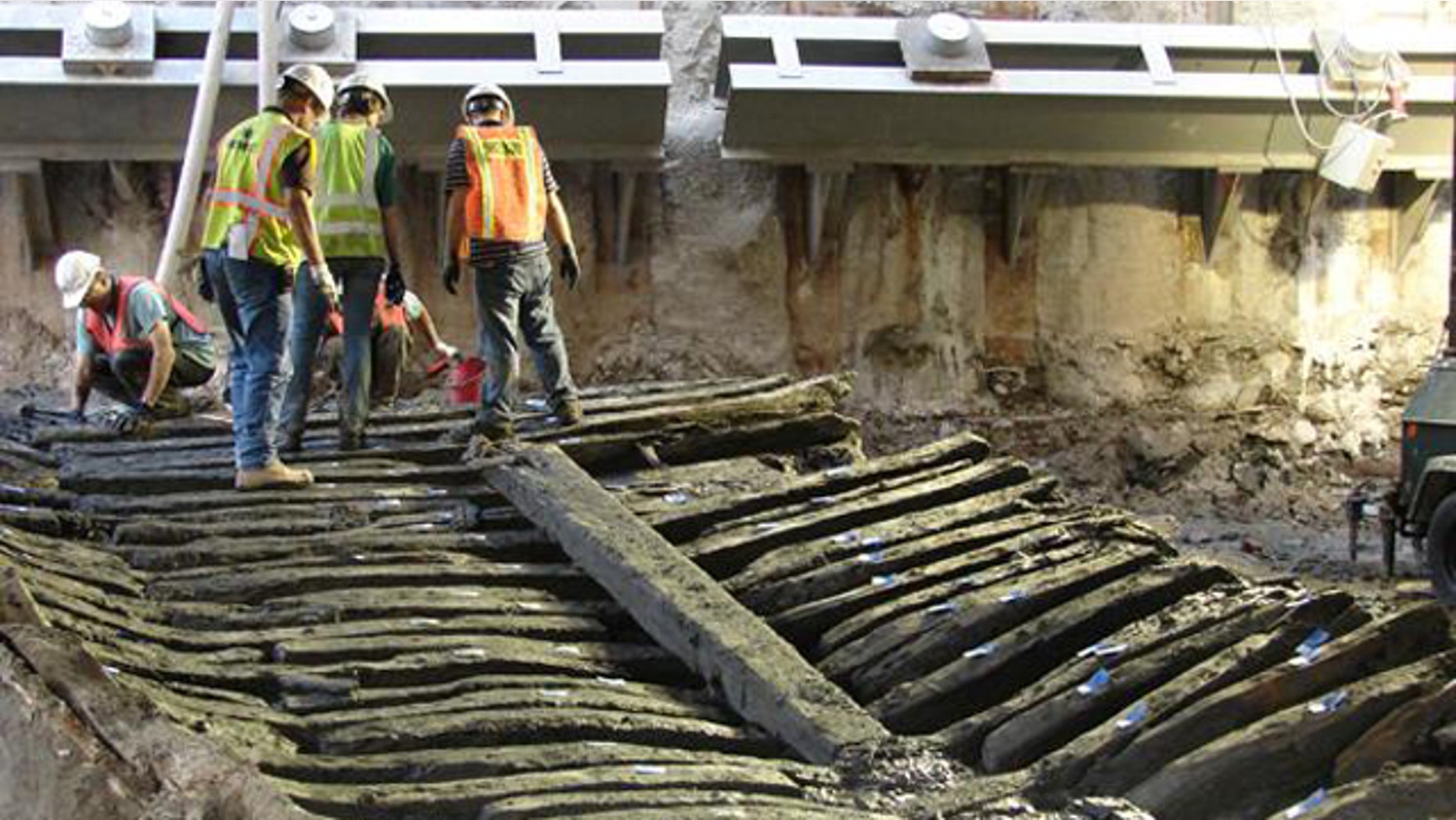 The timbers of the ship uncovered at the World Trade Center site, exposed to the air for possibly the first time in more than 200 years.