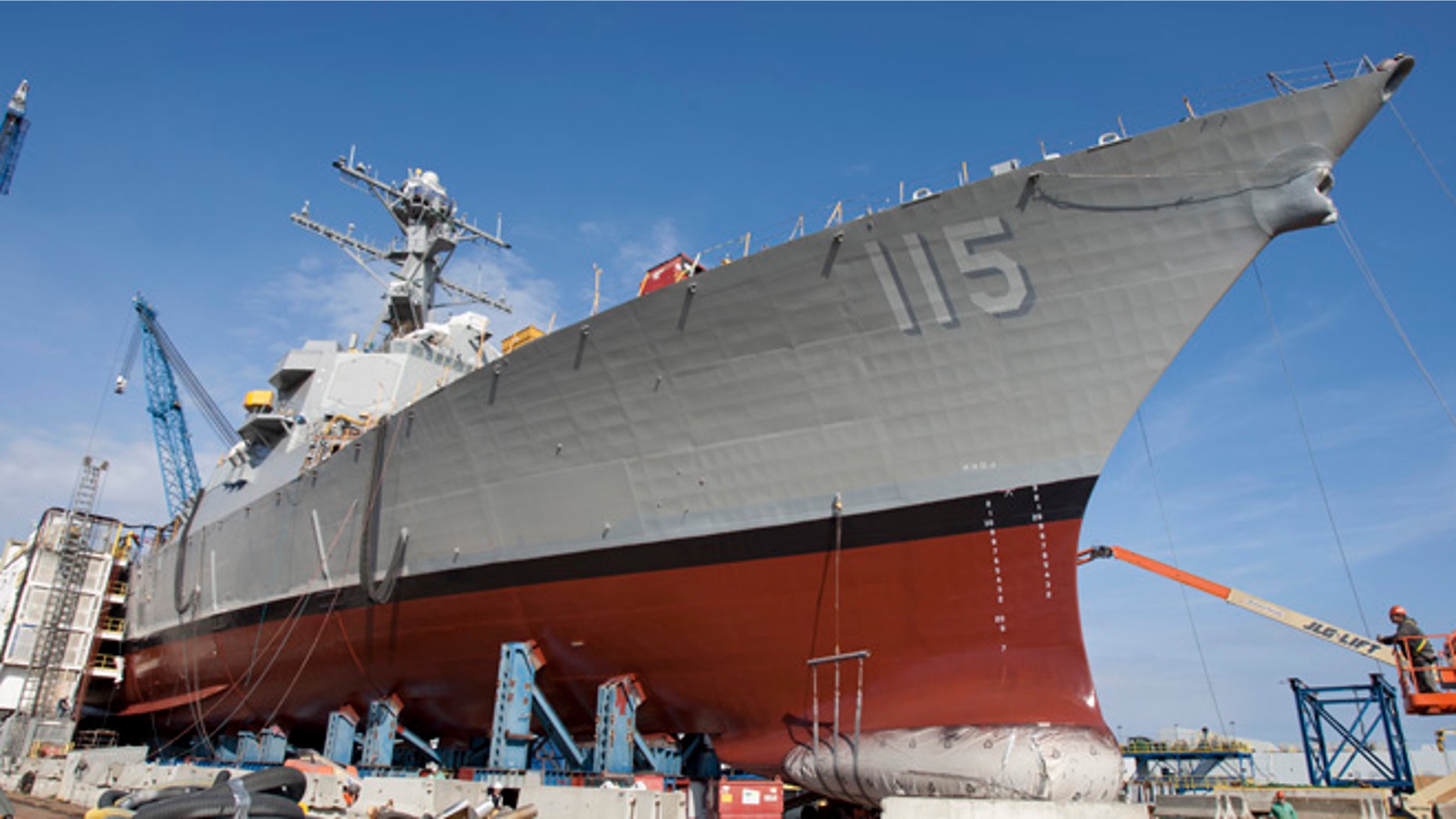 Oct. 21, 2015, photo shows newly christened USS Rafael Peralta at Bath Iron Works in Bath, Maine.