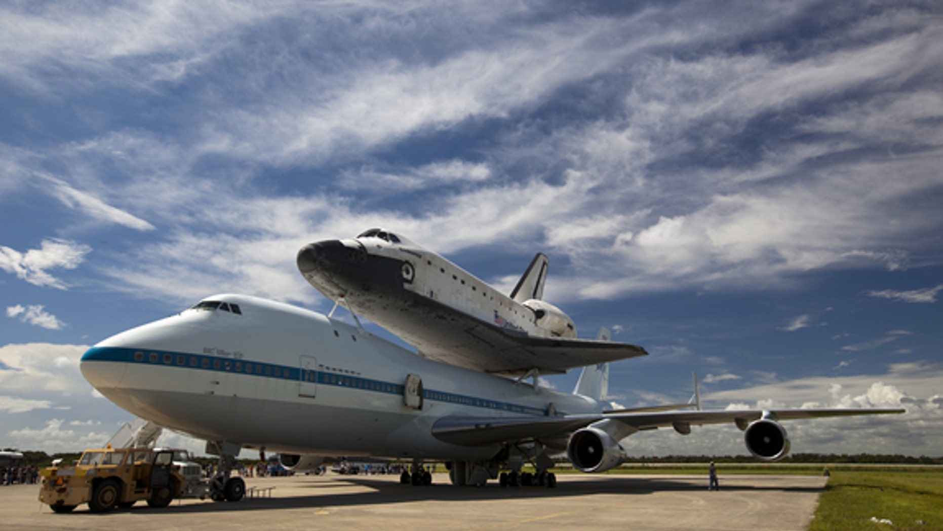 Space shuttle Endeavour stands atop the Shuttle Carrier Aircraft ahead of its flight to Los Angeles in September 2012. Endeavour is destined to be displayed for public viewing at the California Science Center.