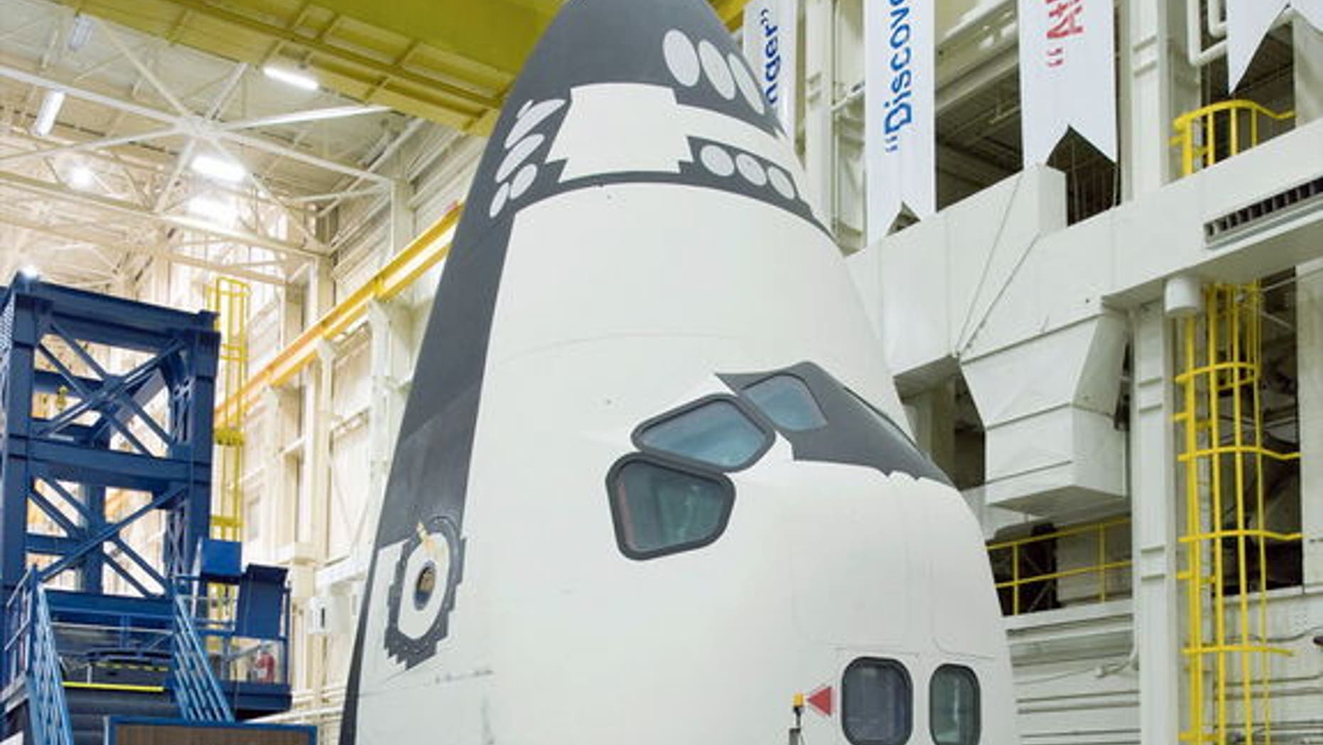 NASA's Space Shuttle Crew Compartment Trainer 1 (CCT-1), seen here tilted skyward at the Johnson Space Center in Houston, was delivered to the National Museum of the U.S. Air Force in Dayton, Ohio.
