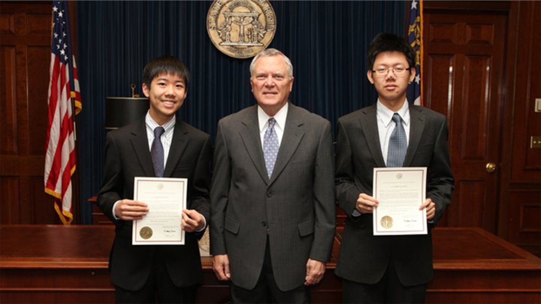 National Finalists Stan Chen and Tim Wu were honored by Governor Deal of Georgia for receiving a $20,000 scholarship in the team category of the Siemens Competition in Math, Science and Technology for their mathematics project, Cellular Automata to More Efficiently Compute the Collatz Map.