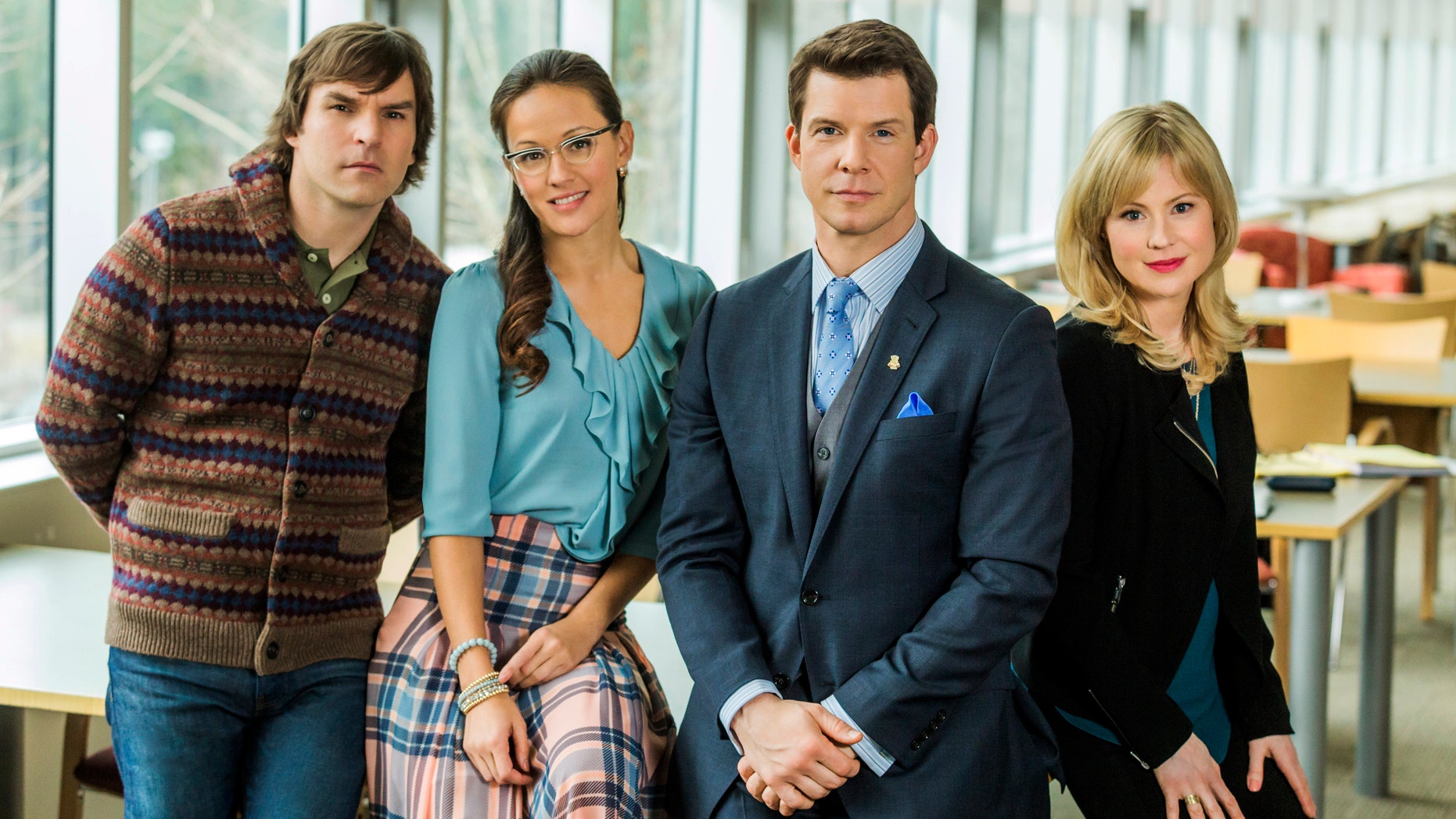 Geoff Gustafson (Norman Dorman), Crystal Lowe (Rita Haywith), Eric Mabius (Oliver OToole) and Kristin Booth (Shane McInerny), on the set of the TV series, "Signed, Sealed, Delivered." The writer-producer Martha Williamson, who produced Touched by an Angel, returns to TV with the new Hallmark Channel show, debuting Sunday, April 20, 2014.