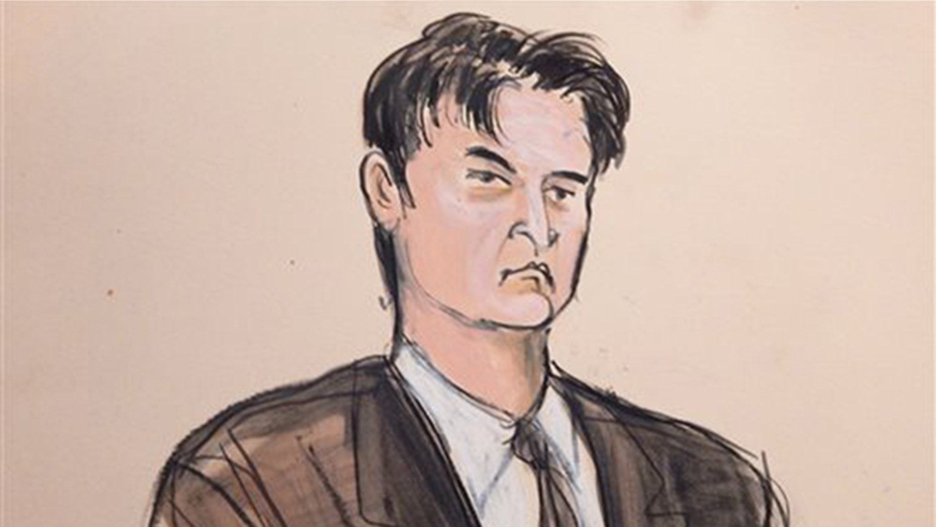 FILE - This Feb 4, 2015, file courtroom sketch, shows defendant Ross William Ulbricht as the deputy recites the word guilty multiple times during Ubrichts trial in New York.