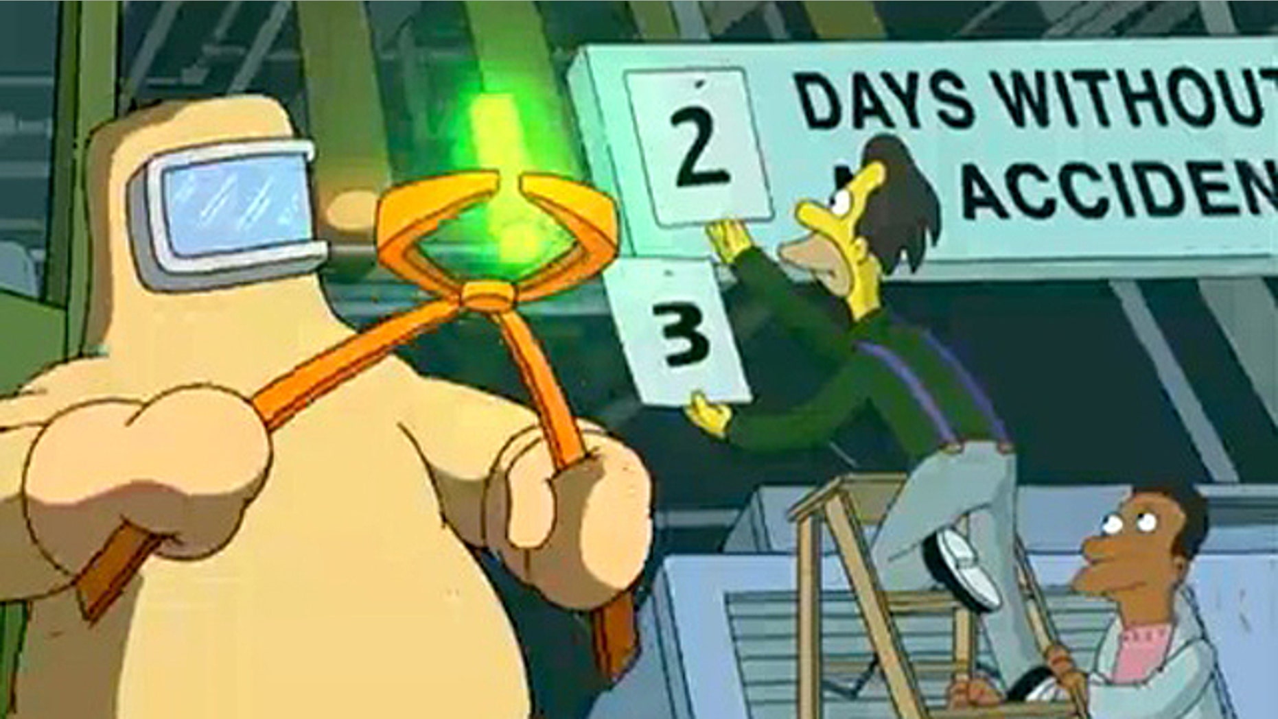 Homer Simpson from popular TV cartoon 'The Simpsons' handles an inanimate carbon rod in the local nuclear reactor.