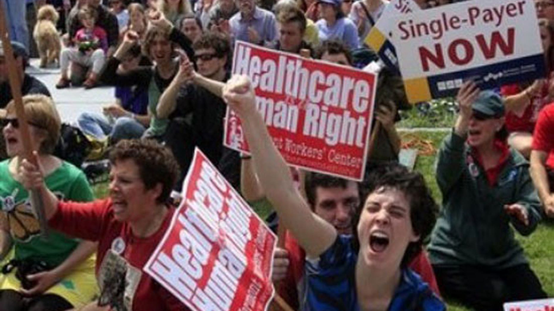Kelly McNayr, center, of Burlington, Vt. , shouts with the crowd during a health care rally Saturday, May 1, 2010, at the statehouse in Montpelier, Vt. , where several hundred single-payer health care system supporters gathered believing that the federal bill didn't go far enough. (AP)