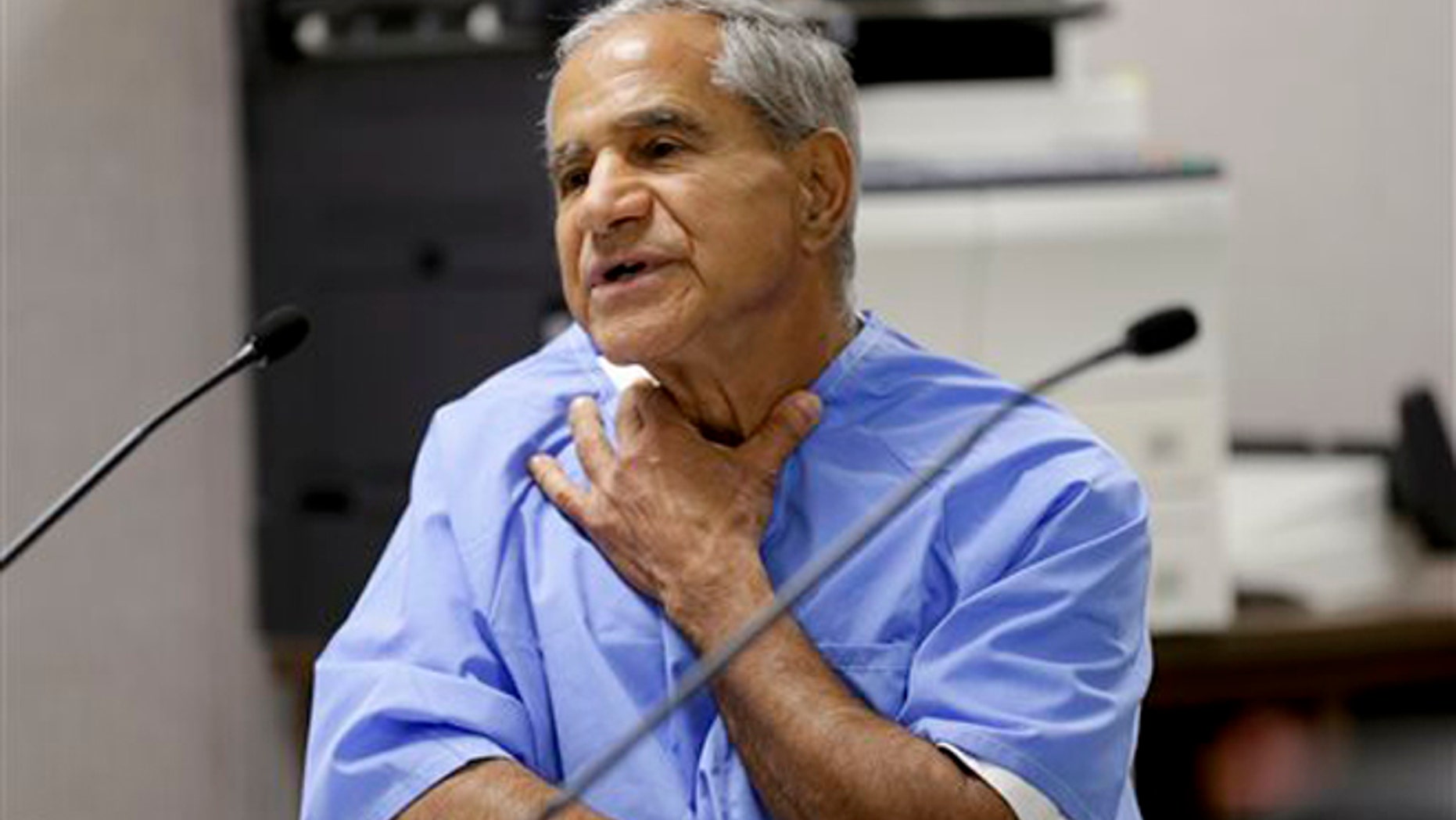 Sirhan Sirhan describes being choked during a parole hearing Wednesday, Feb. 10, 2016, at the Richard J. Donovan Correctional Facility in San Diego. For the 15th time, officials denied parole for Sirhan Sirhan, the assassin of Sen. Robert F. Kennedy, after hearing Wednesday from another person who was shot that night and called for the release of Sirhan. (AP Photo/Gregory Bull, Pool)