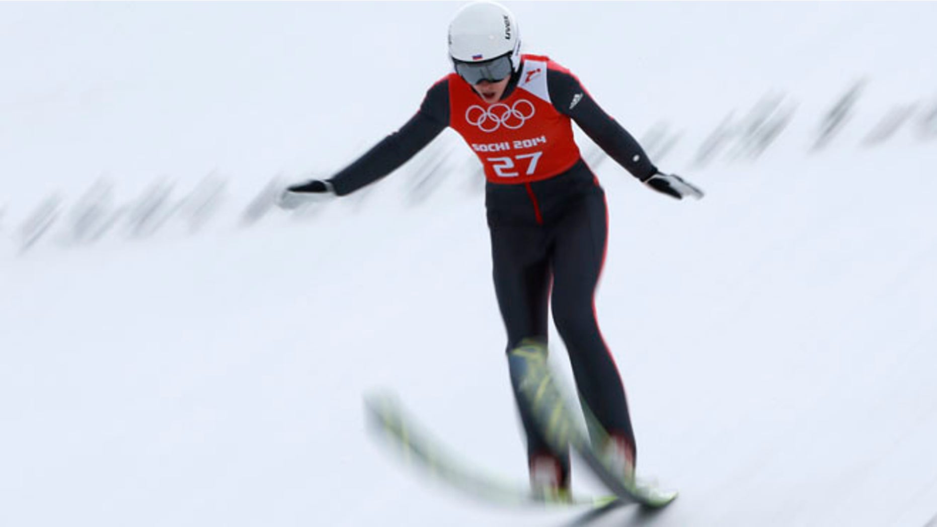 Feb. 9, 2014: Russia's Irina Avvakumova lands during a women's normal hill individual training session at the 2014 Winter Olympics in Krasnaya Polyana, Russia.