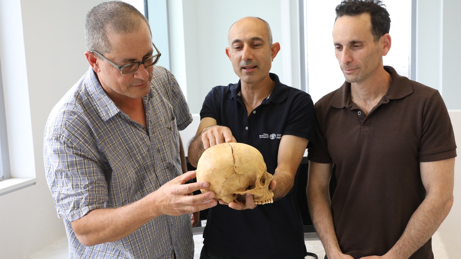 Left to right: Prof. Boaz Zissu of Bar-Ilan University, Dr. Yossi Nagar of the Israel Antiquities Authority and Dr. Haim Cohen of the National Center for Forensic Medicine and Tel Aviv University with the skull (Israel Antiquities Authority)