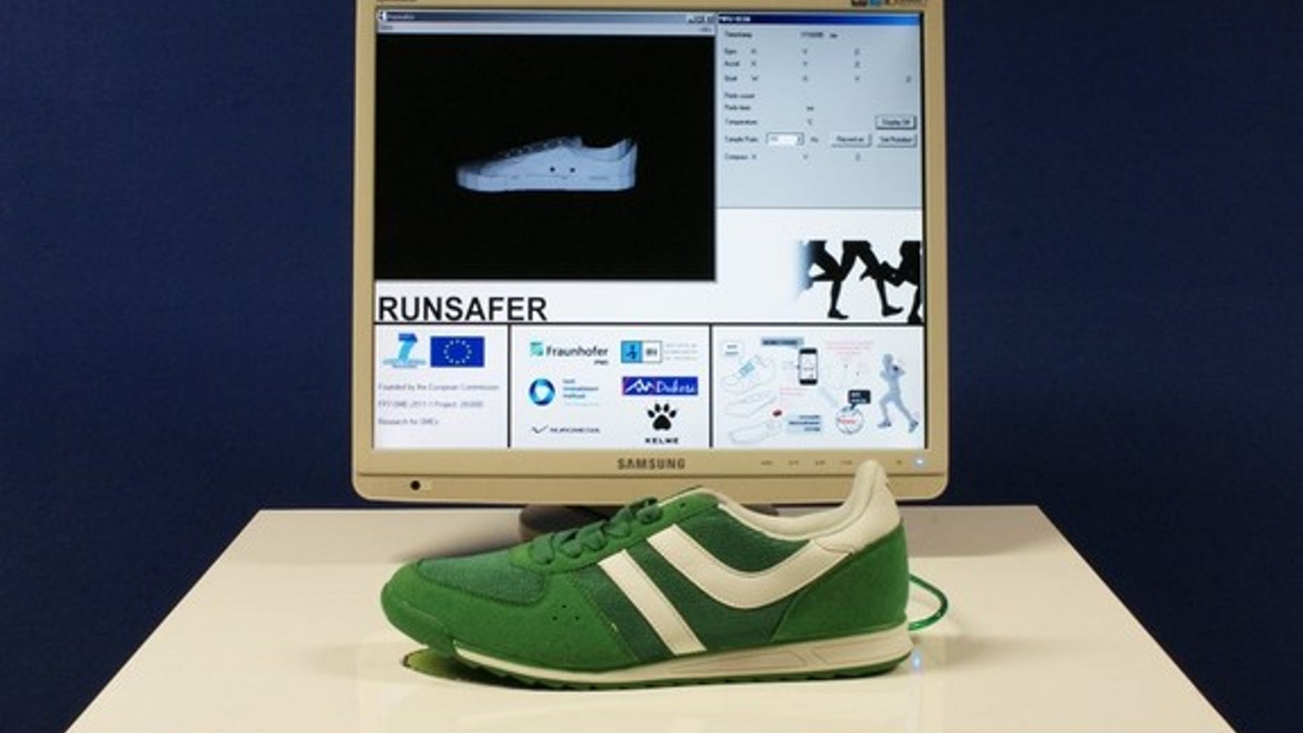 Wired model of a running shoe with built-in sensors.