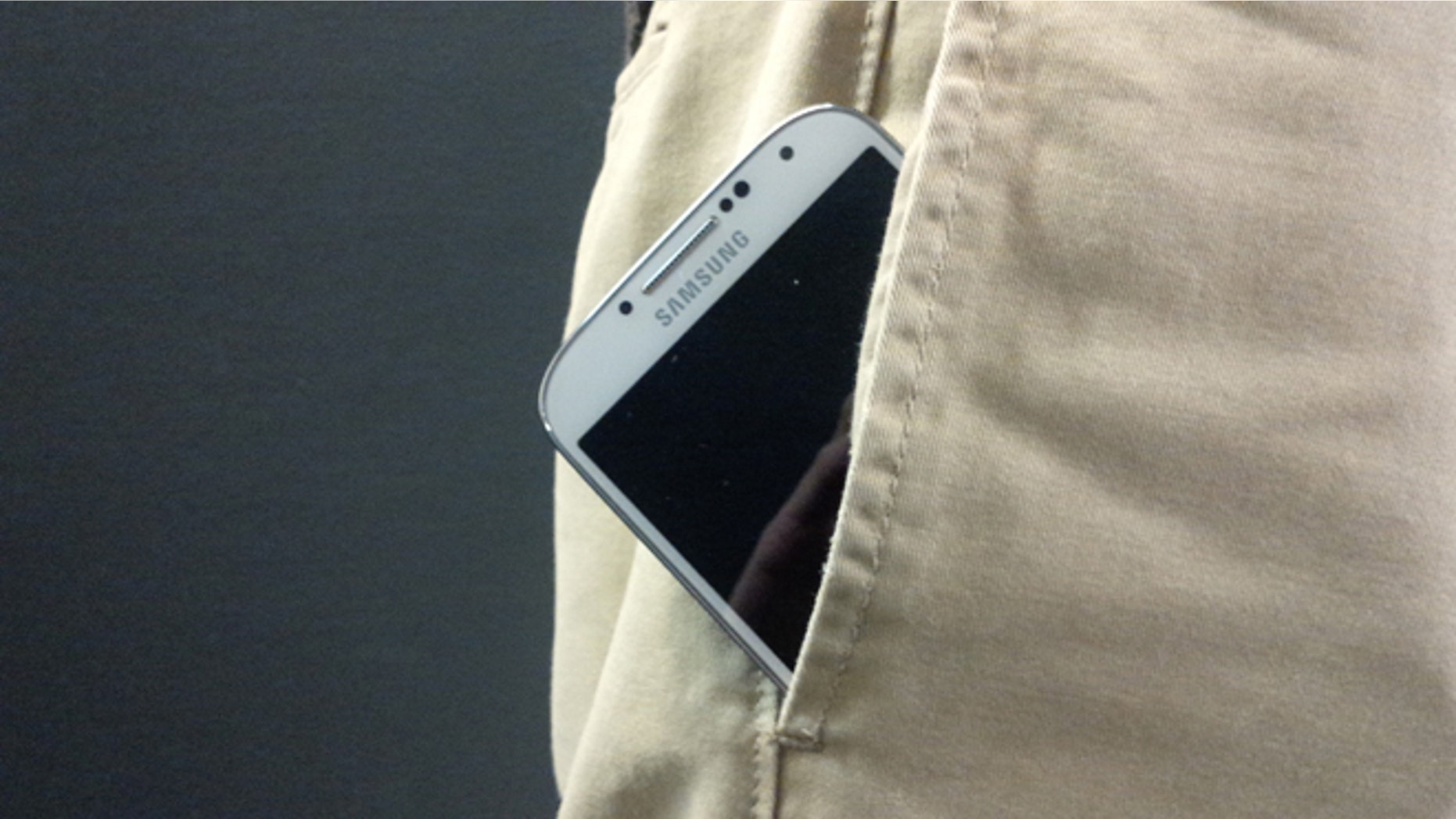 The Samsung Galaxy peeks out of a pair of pants.