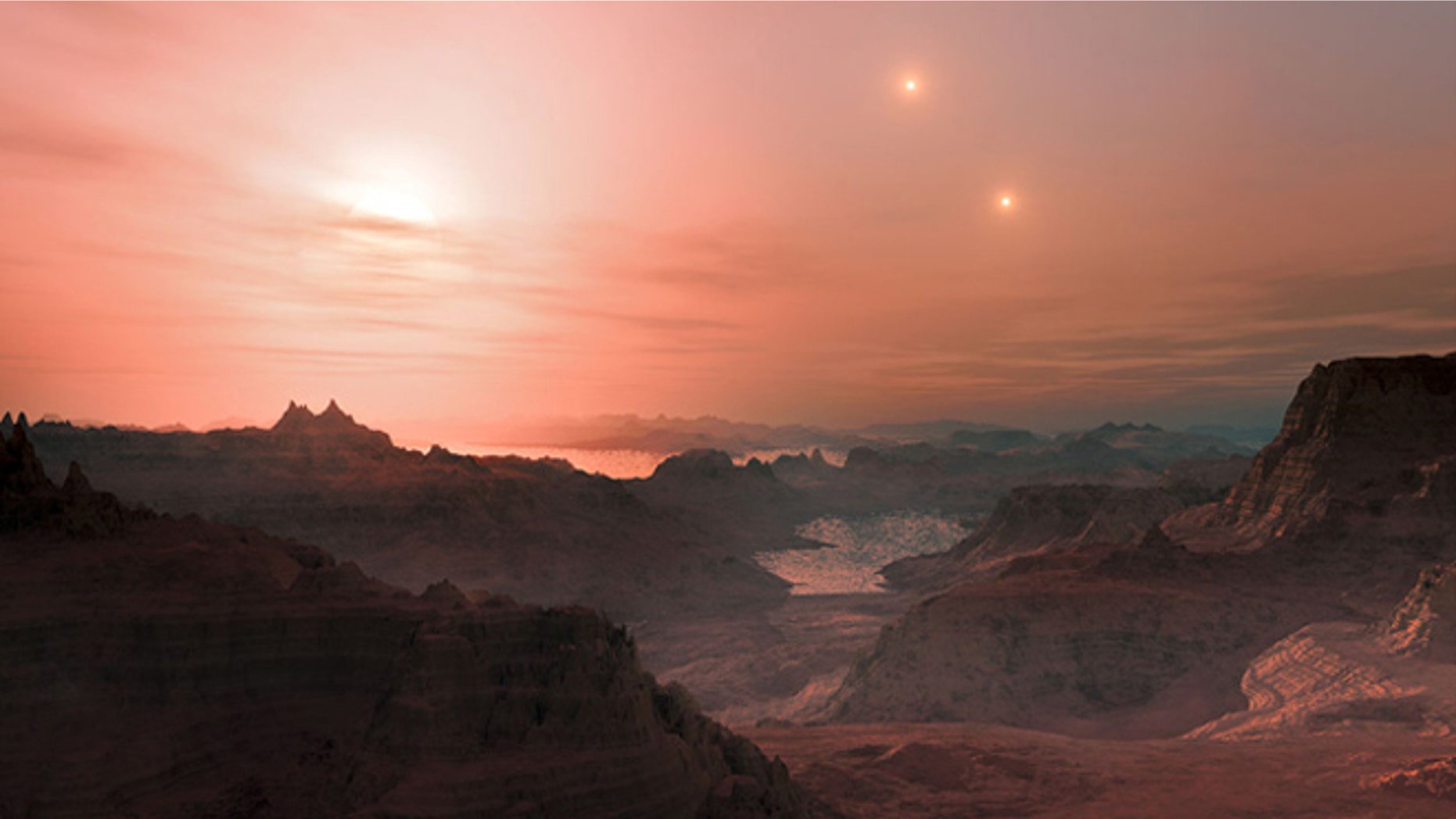 Artist's impression of a sunset from the super-Earth Gliese 667 Cc. The brightest star in the sky is the red dwarf Gliese 667 C, which is part of a triple star system.