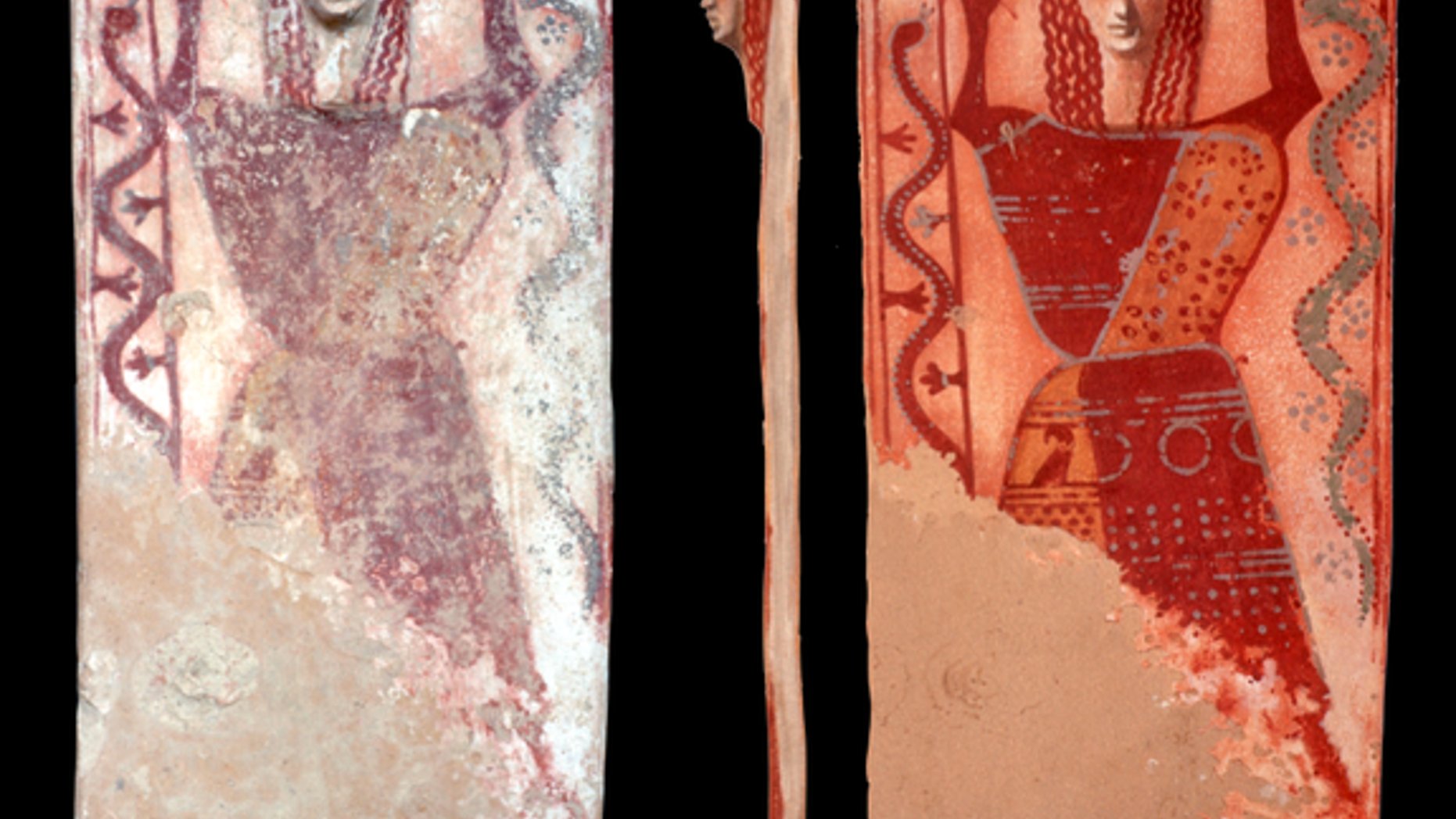 A mysterious "snake goddess" found in Athens is painted on a plaque with a molded face.