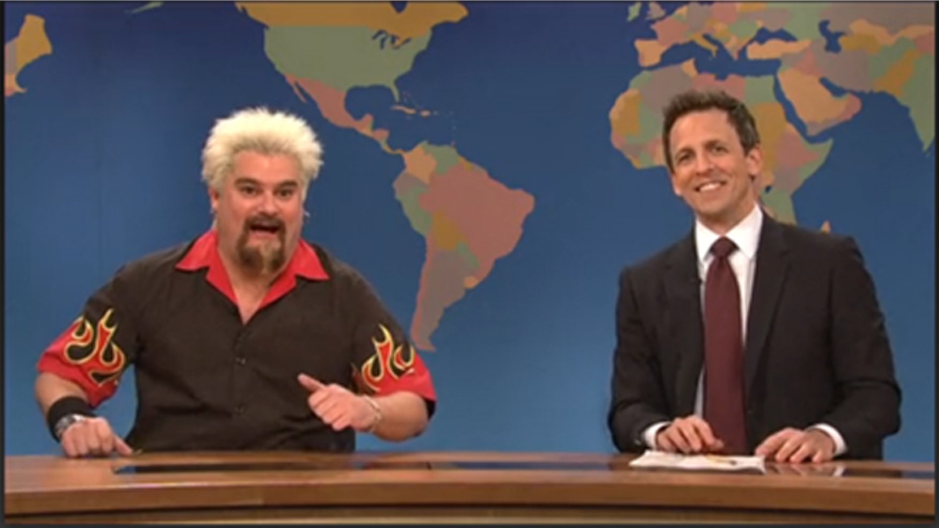 Bobby Moynihan as Guy Fieri on the SNL skit that never made it to air. Weekend Update host Seth Meyers gives the review to read, which makes the “Diners, Drive-In and Dives” host impersonator feel “pretty half throttle.”
