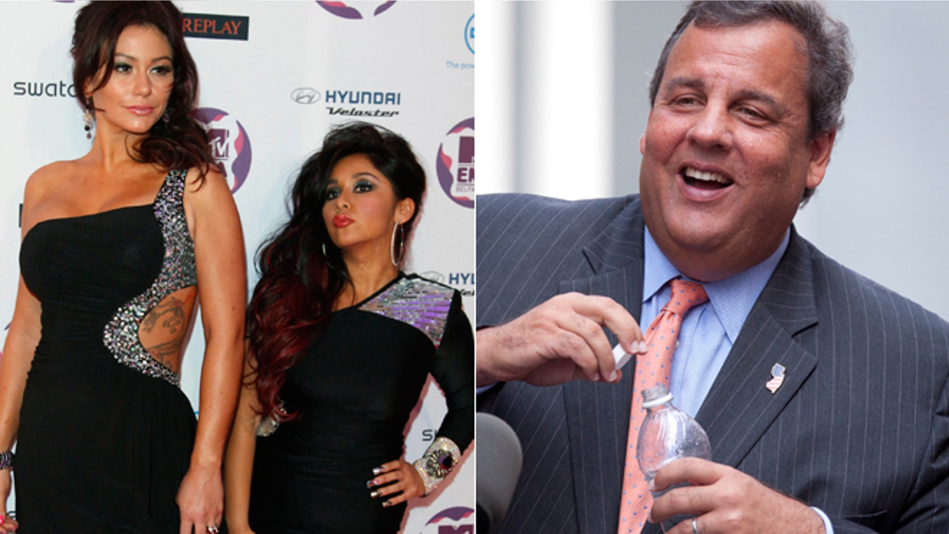 Nicole "Snooki" Polizzi and Jenni "Jwoww" Farley are pictured next to New Jersey Governor Chris Christie.