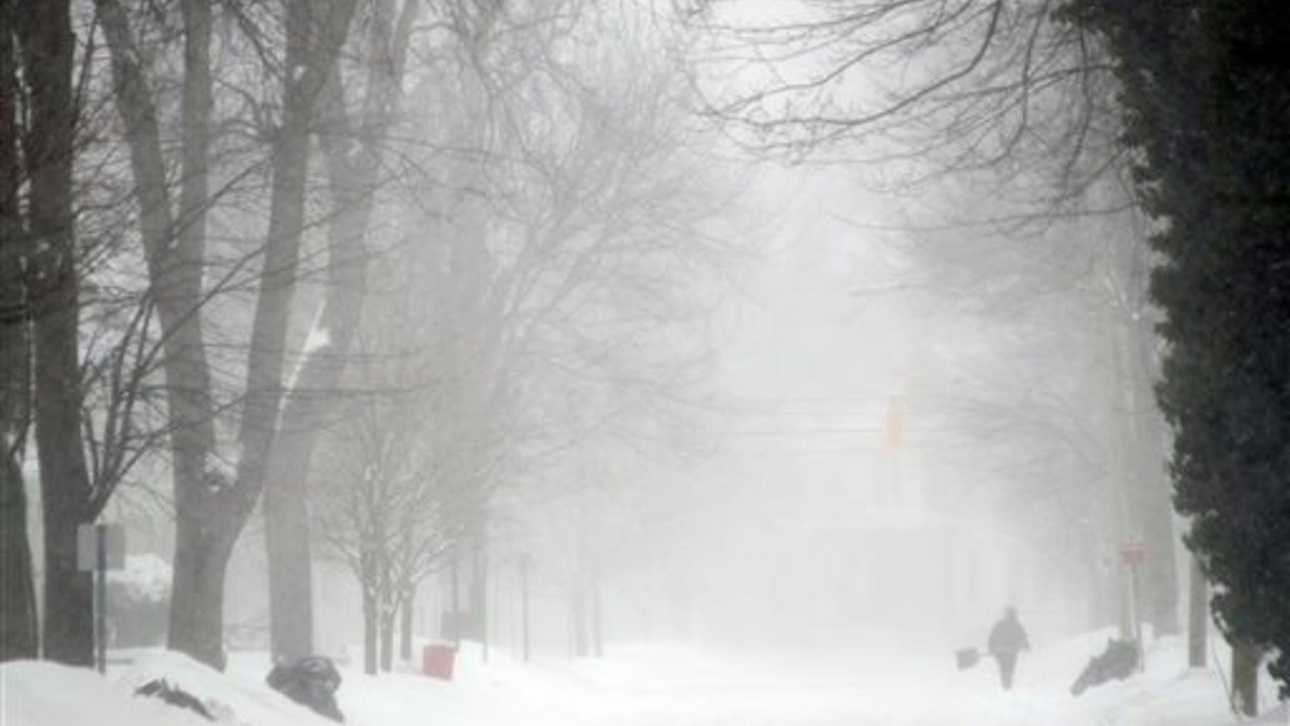 A person shovels snow on South Warren, Wednesday, Feb. 5, 2014, in Saginaw, Mich. (AP Photo/The Saginaw News, Tim Goessman)