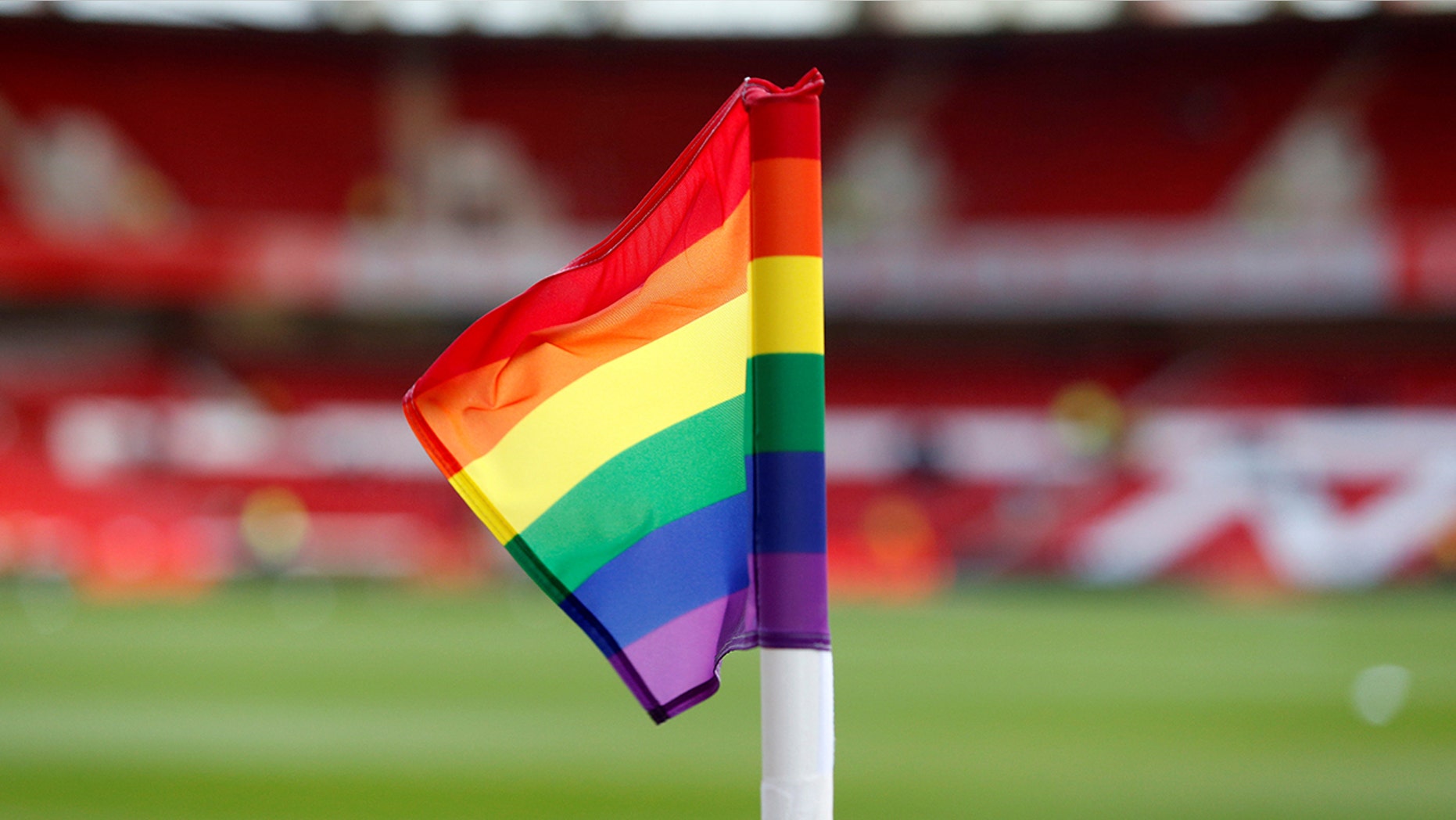 General view of a rainbow colored corner flag in support of the Stonewall Rainbow Laces campaign before the game.