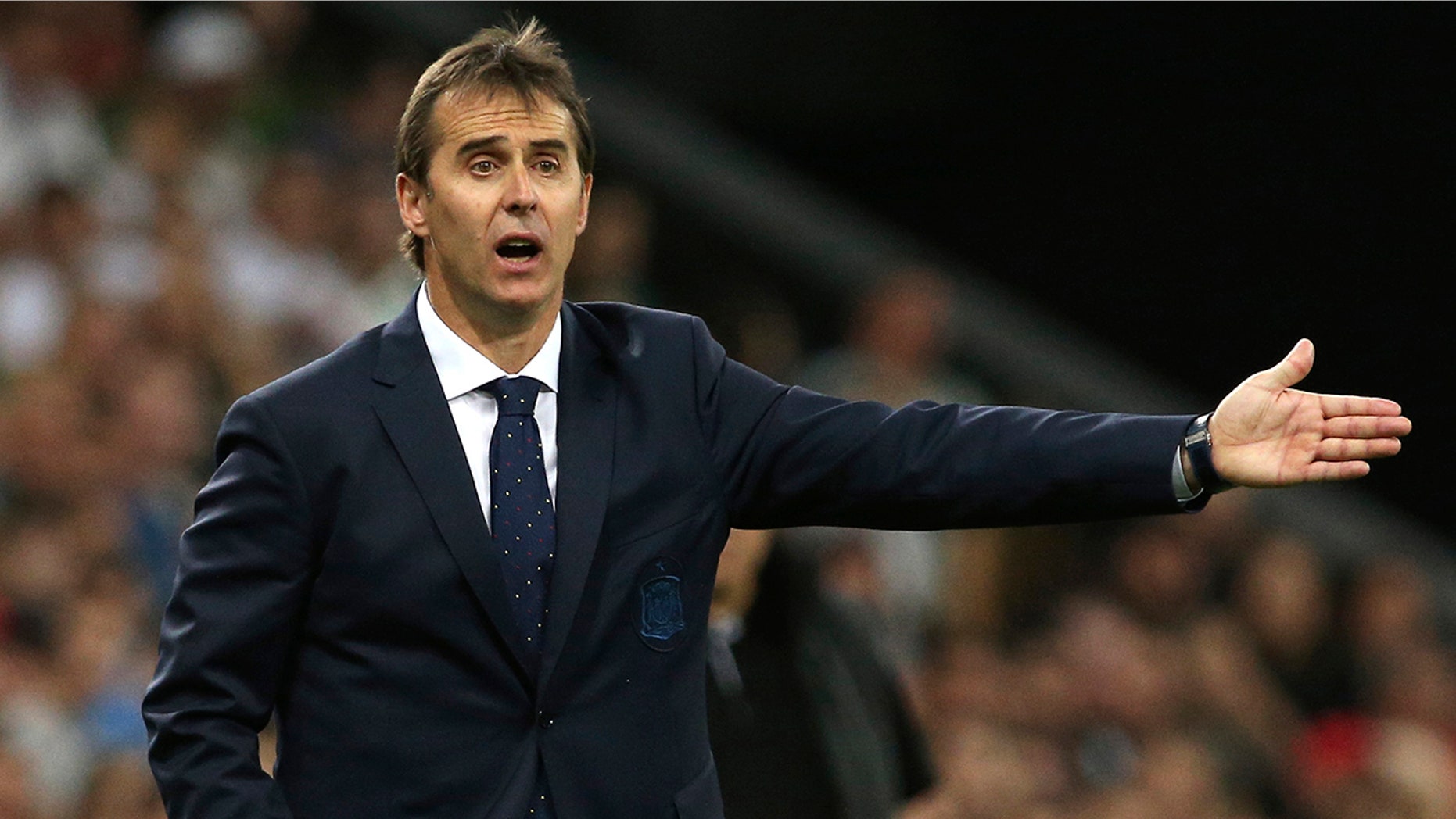 In this June 9, 2018 file photo, Spain's national soccer team coach Julen Lopetegui shouts during a friendly soccer match between Spain and Tunisia in Krasnodar, Russia.