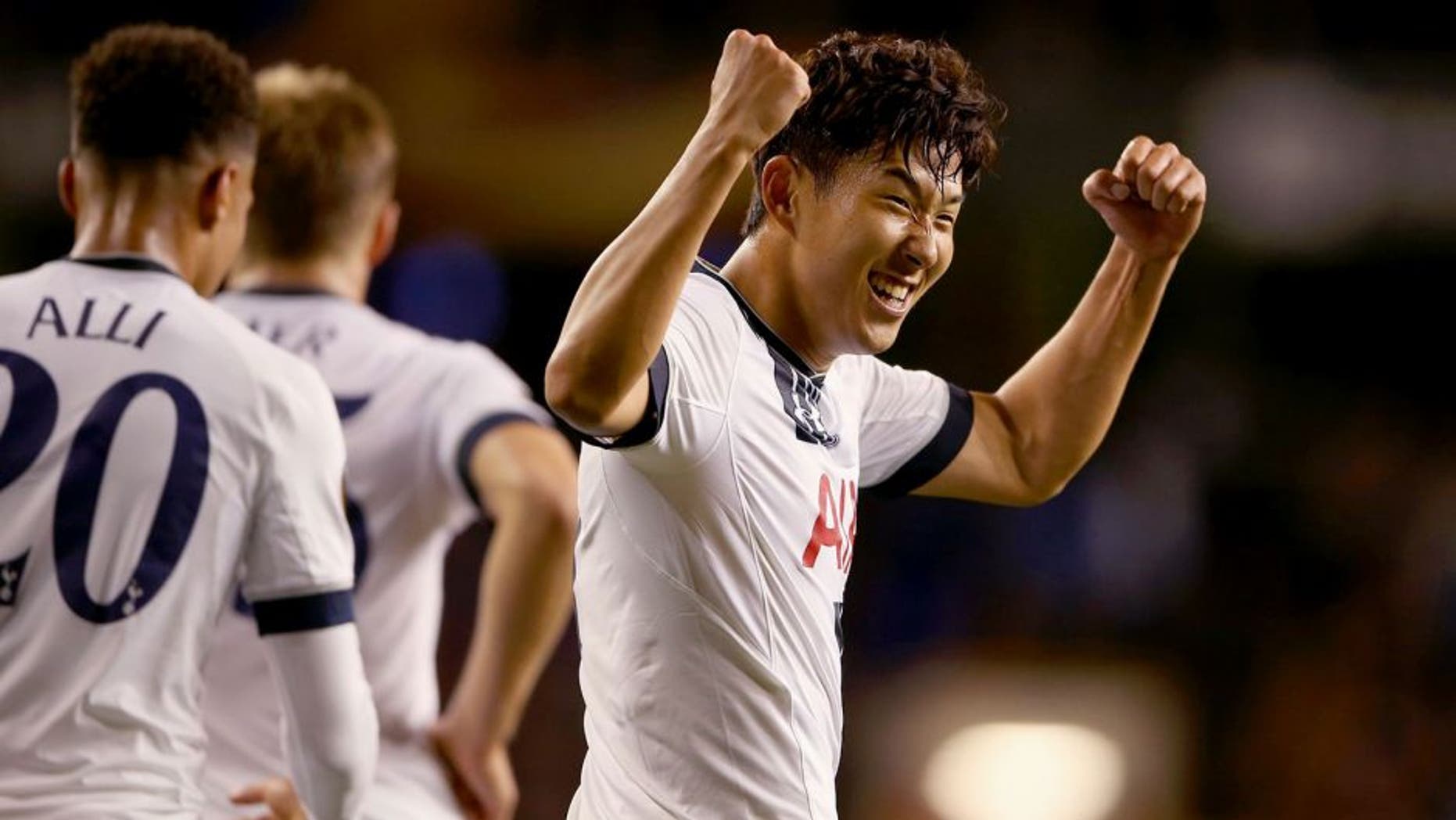 LONDON, ENGLAND - SEPTEMBER 17: Son Heung-Min of Tottenham Hotspur celebrates scoring their second goal during the UEFA Europa League Group J match between Tottenham Hotspur FC and Qarabag FK at White Hart Lane on September 17, 2015 in London, United Kingdom. (Photo by Scott Heavey/Getty Images)