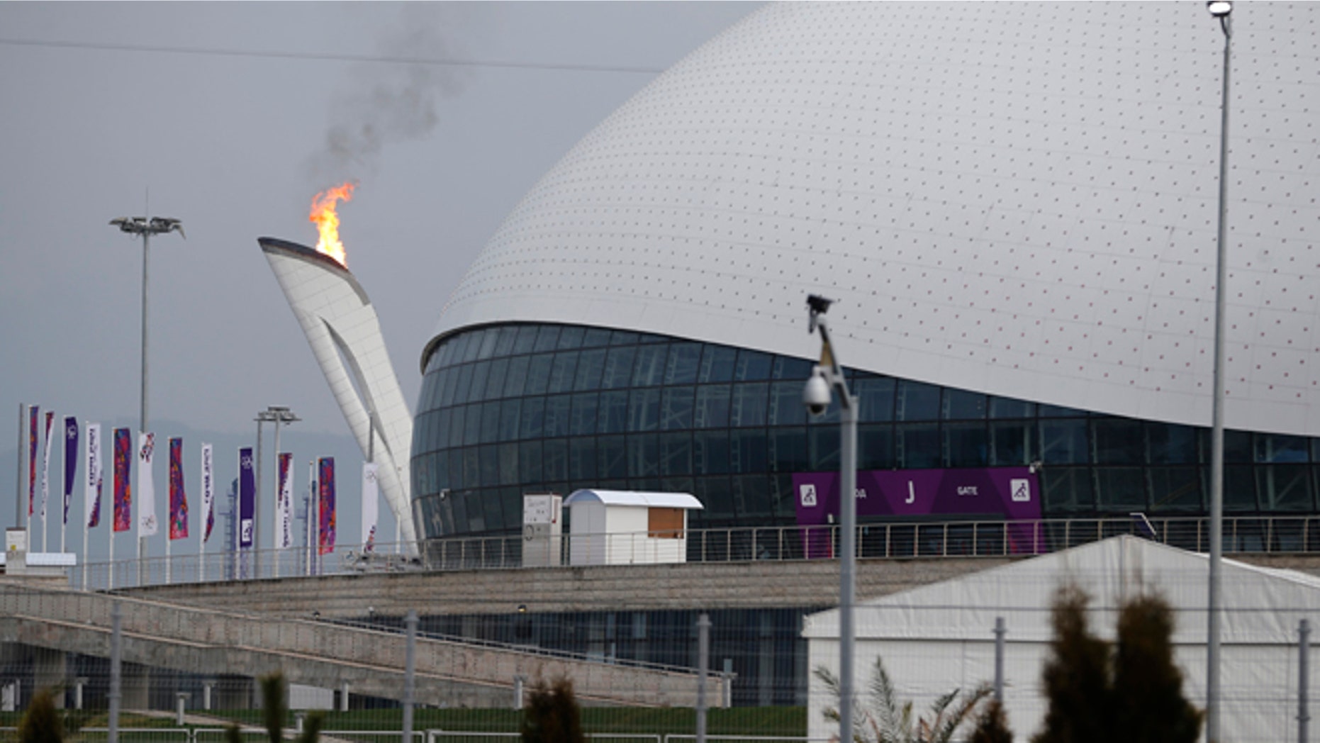 Jan. 29, 2014: The Olympic flame is lit during a test next to the Bolshoy Ice Dome before the start of the 2014 Winter Olympics in Sochi, Russia.