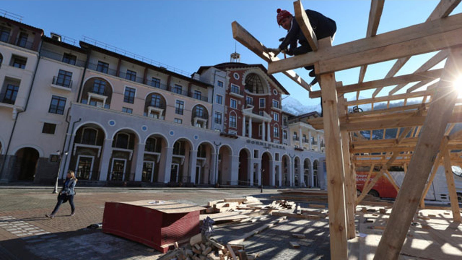 February 2, 2014: Construction work continues apace outside the Gorki Plaza East hotel in Krasnaya Polyana, Russia. (AP)