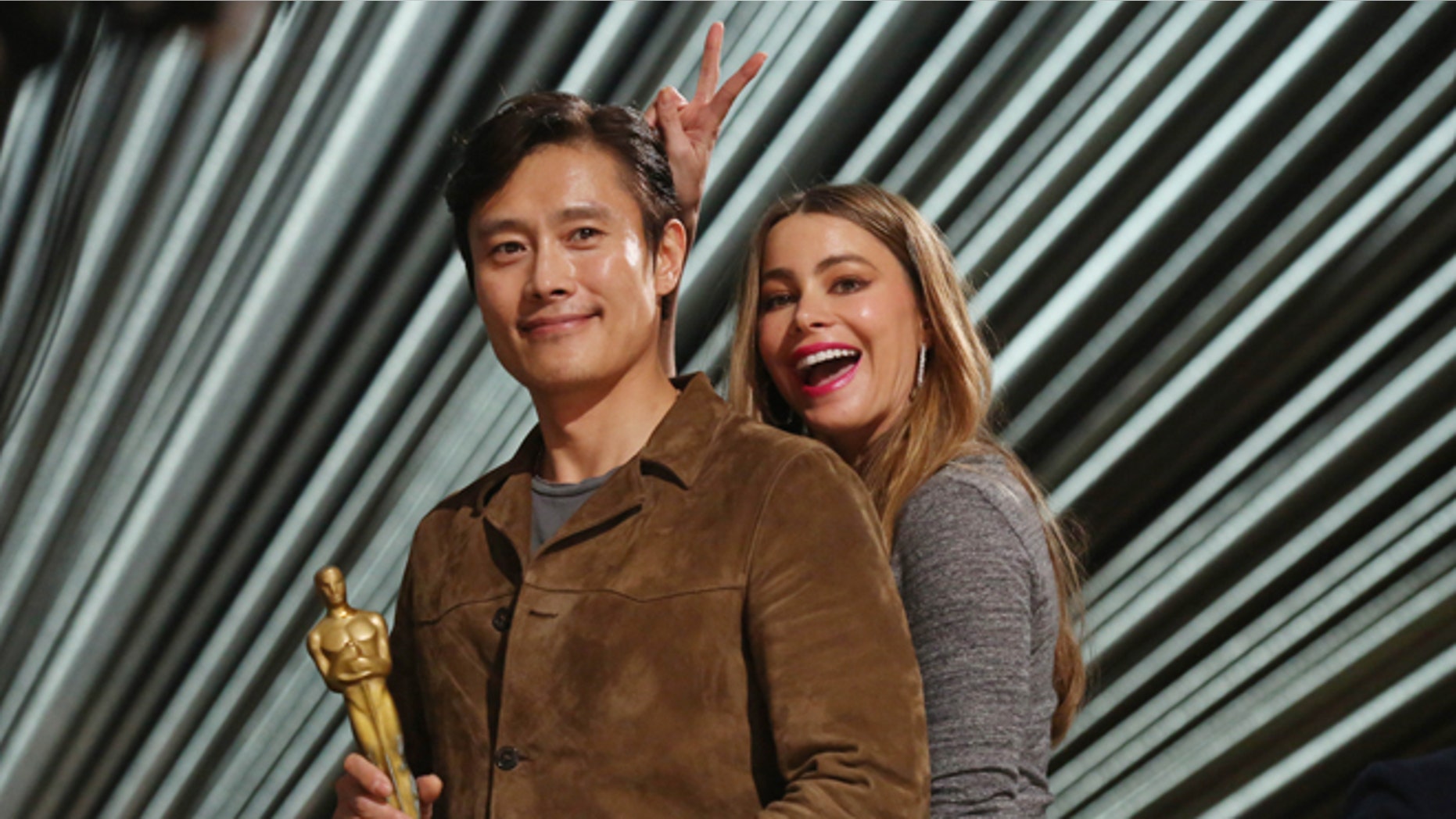 February 27, 2016. Sofia Vergara, right, and Byung-hun Lee appear during rehearsals for the 88th Academy Awards in Los Angeles.