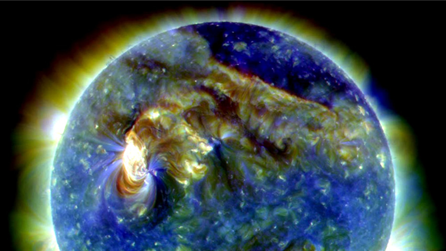This image taken by NASA's Solar Dynamics Observatory on Aug. 1, 2010, shows a major sun storm that kicked up two massive coronal mass ejections toward Earth during an intense series of solar eruptions.