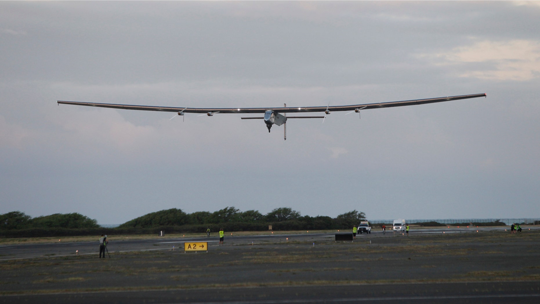 April 21, 2016: The Solar Impulse 2 solar plane lifts off at the Kalaeloa Airport in Kapolei, Hawaii. The solar plane will fly a two-and-a-half day journey to Northern California.