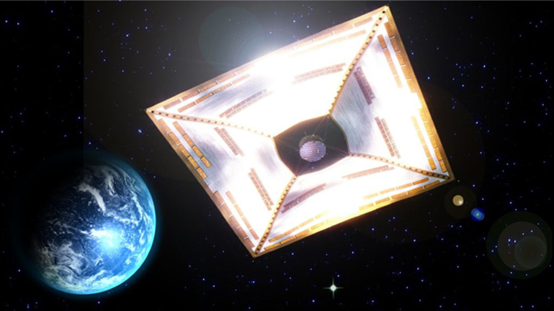 An artist's illustration of the IKAROS solar sail concept, with solar panels deployed to capture the pressure of the sun's rays for propulsion.