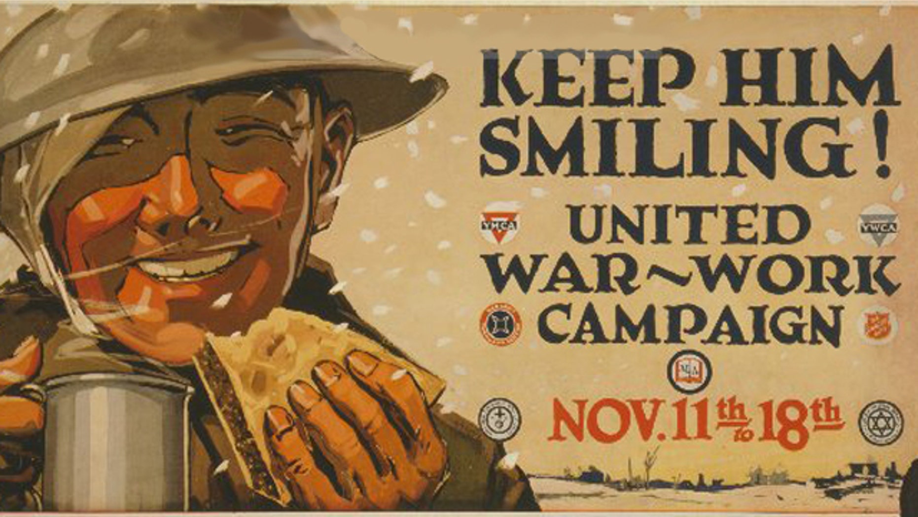 A World War I poster encourages the purchase of war bonds. The Dentist In A Box product has a similar goal -- smiling soldiers.