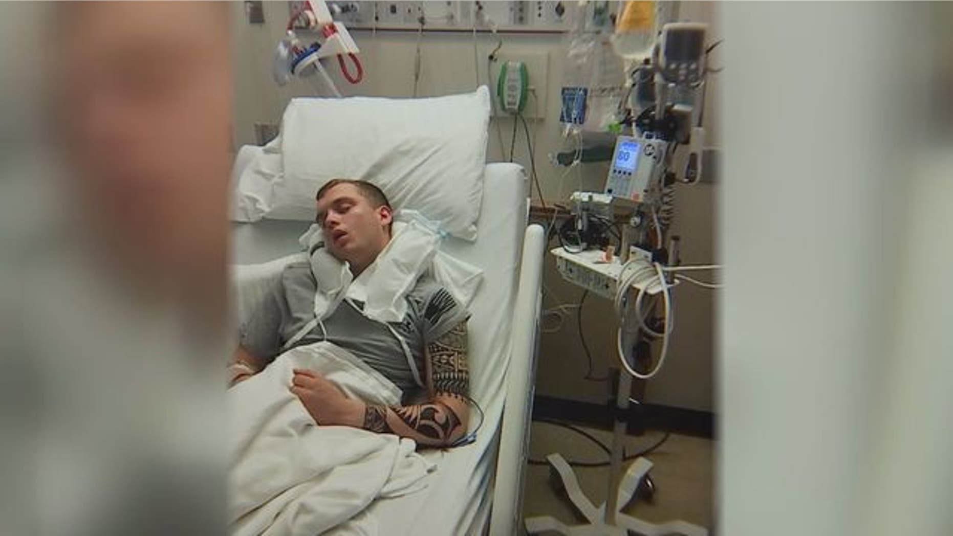 The soldier, Austin Freni, recovering in the hospital.