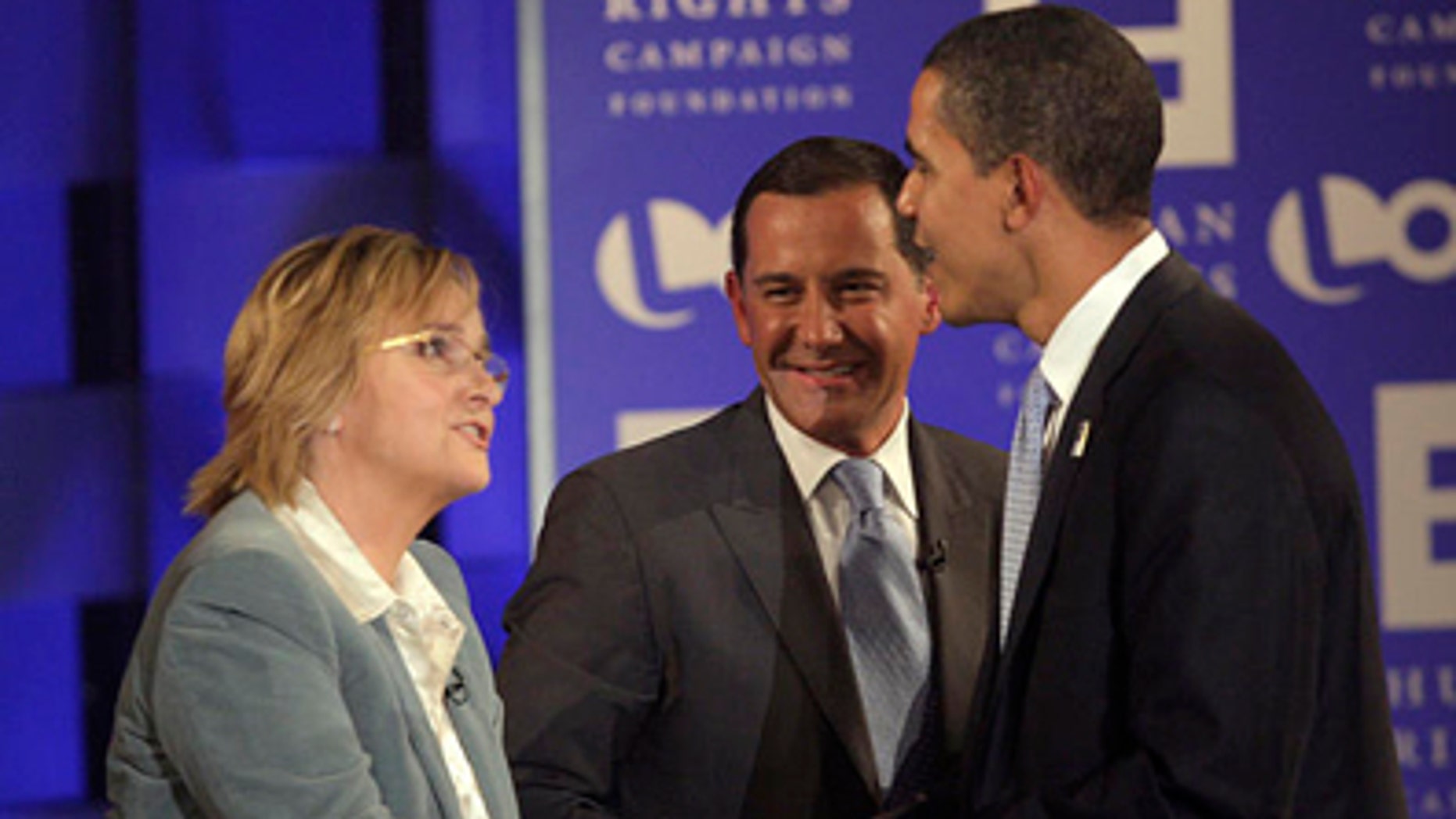 Aug. 9, 2007: Presidential hopeful Barack Obama speaks to singer Melissa Etheridge and Human Rights Campaign President Joe Solmonese at a presidential forum focused on lesbian, gay, bisexual and transgender issues co-sponsored by cable channel Logo and the HRC Foundation.