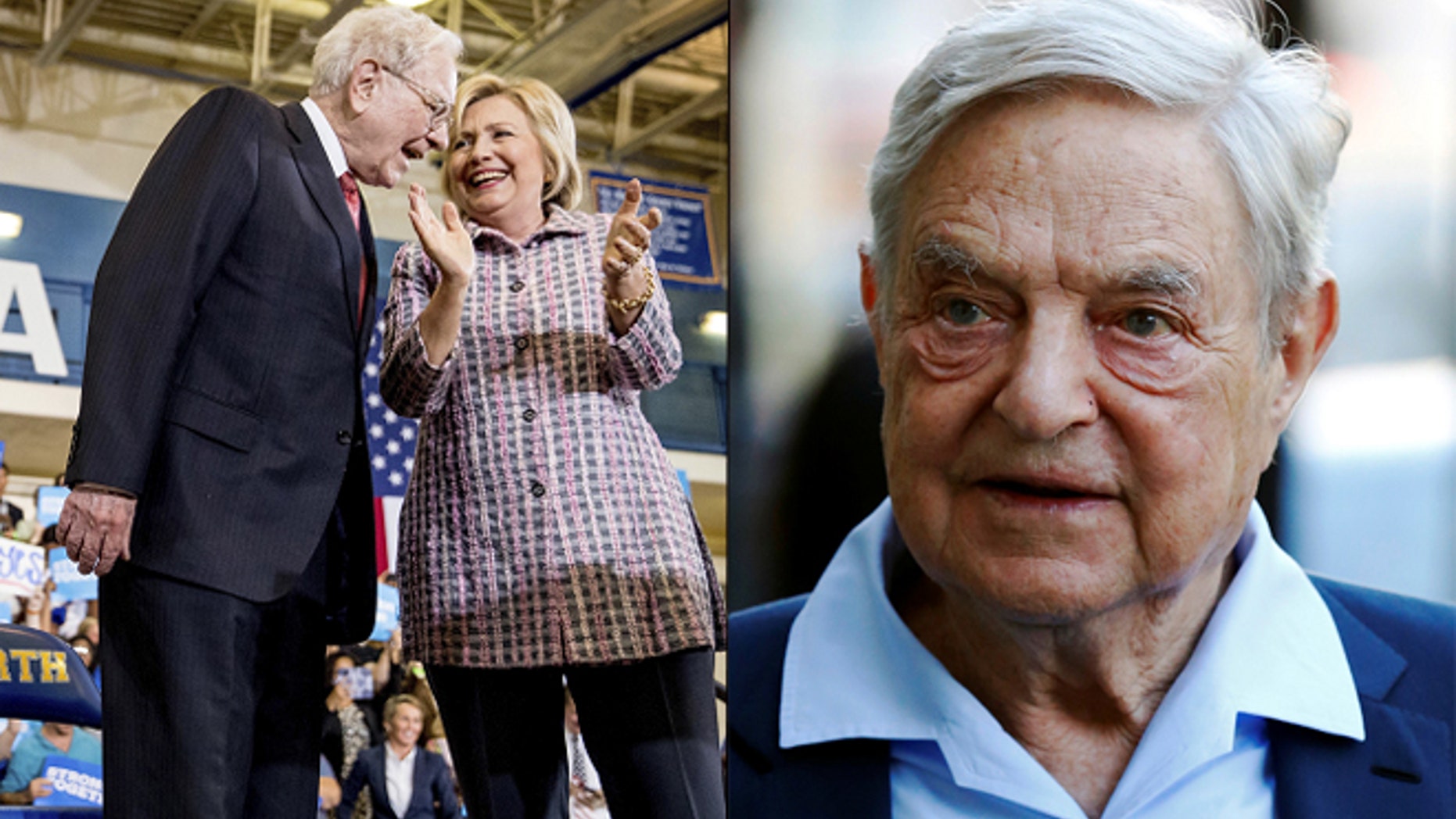 At left, Warren Buffett with Hillary Clinton; at right, George Soros (AP/Reuters)
