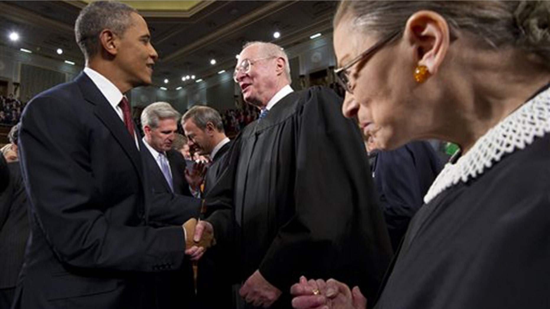 Jan. 24, 2012: President Obama greets Supreme Court Justice Anthony Kennedy and Ruth Bader Ginsburg, right, prior to his State of the Union address in Washington.