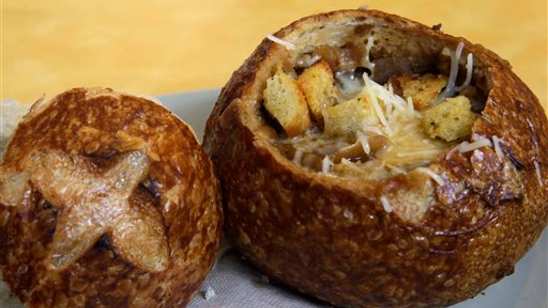 A Bistro French Onion Soup Bread Bowl is seen at a Panera bread restaurant, Tuesday, June 9, 2015, in New York. A Bistro French Onion Soup Bread Bowl contains more sodium than the recommended daily limit of 2,300 milligrams, which is equal to about 1 teaspoon of salt. (AP Photo/Mary Altaffer)