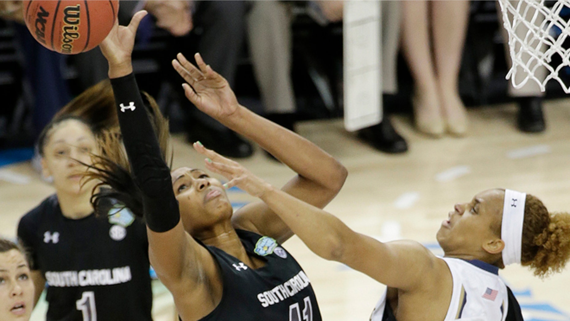 April 5, 2015: South Carolina center Alaina Coates (41) shoots against Notre Dame forward Brianna Turner (11) during the first half of the NCAA Women's Final Four tournament college basketball semifinal game.