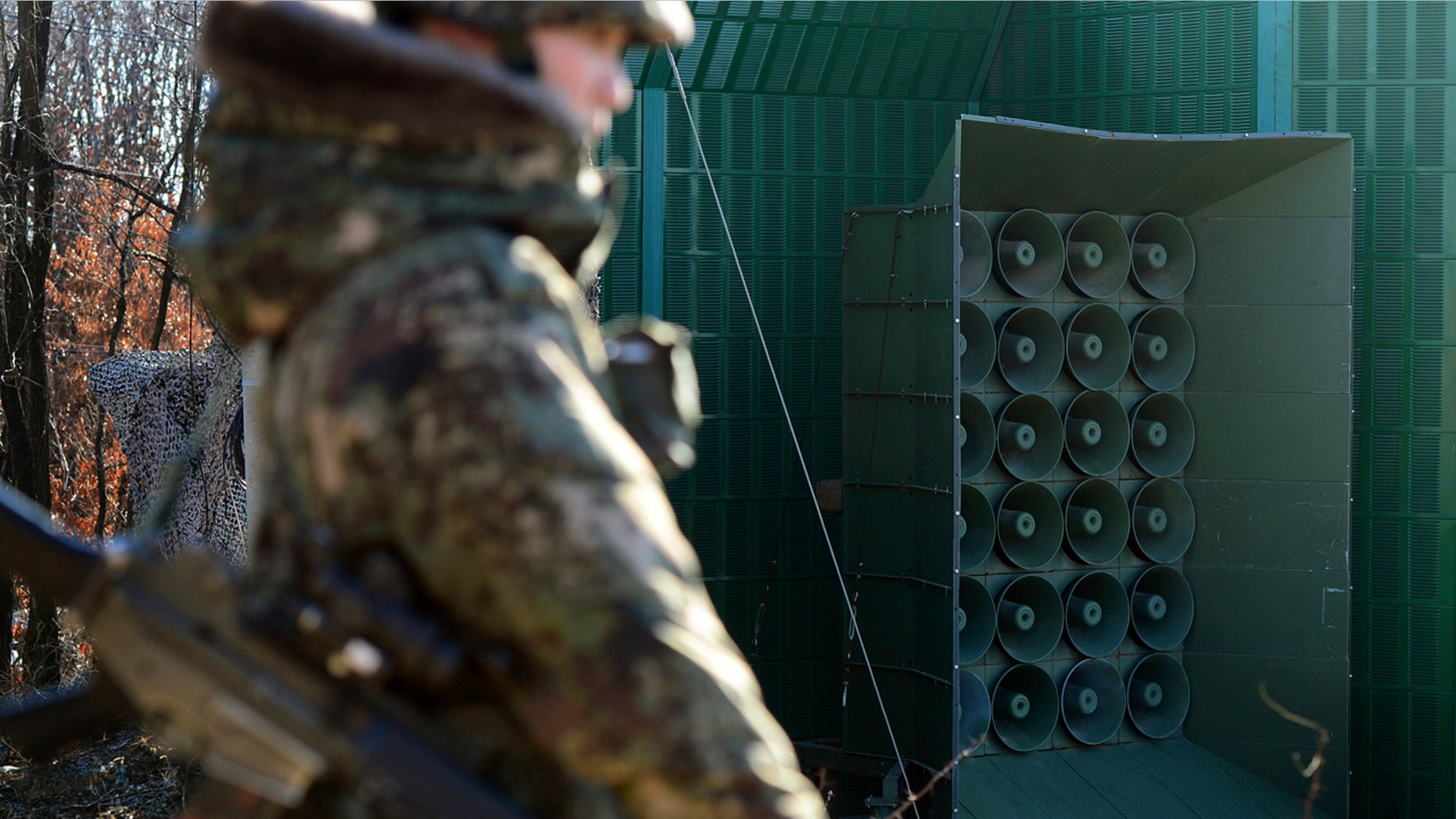 Jan. 8, 2016: A South Korean soldier stands near the loudspeakers near the border area between South Korea and North Korea in Yeoncheon, South Korea (Lim Tae-hoon/Newsis via AP)