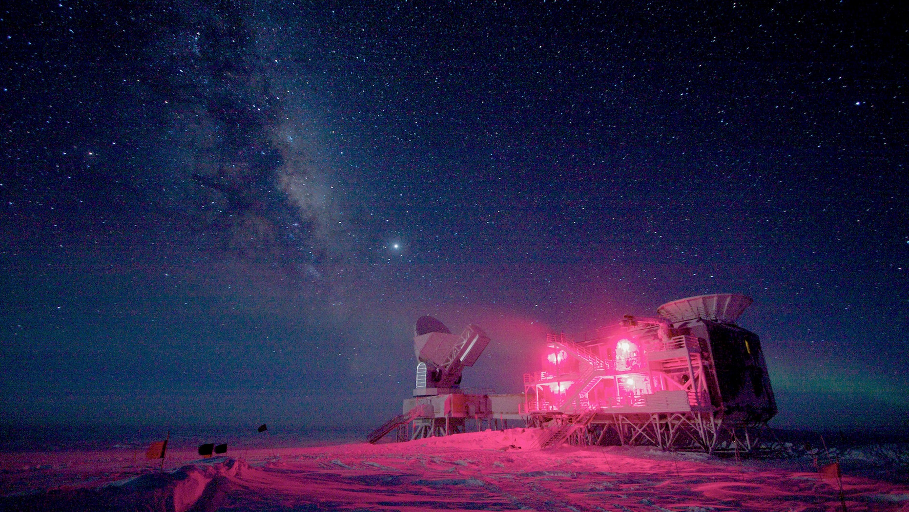 The South Pole Telescope and the BICEP Telescope at Amundsen-Scott South Pole Station in Aug. 2008 (REUTERS/Keith Vanderlinde/National Science Foundation/Handout)