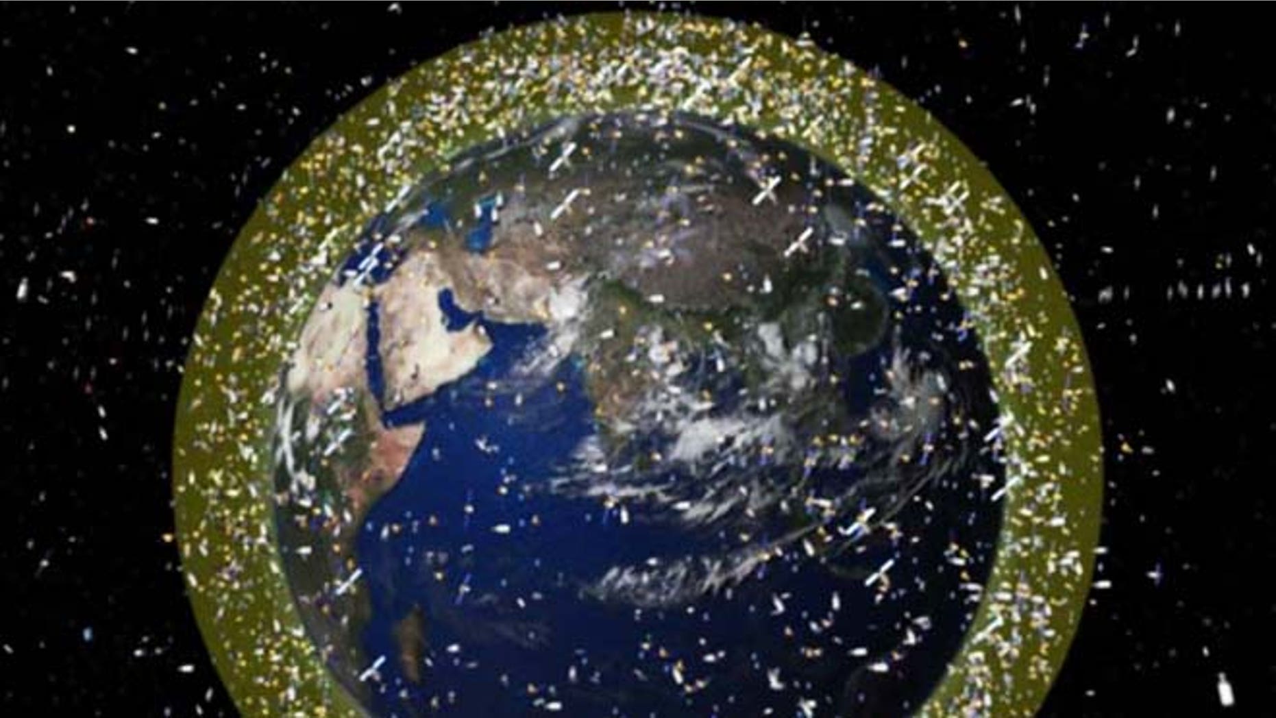 This computer illustration depicts the density of space junk around Earth in low-Earth orbit.