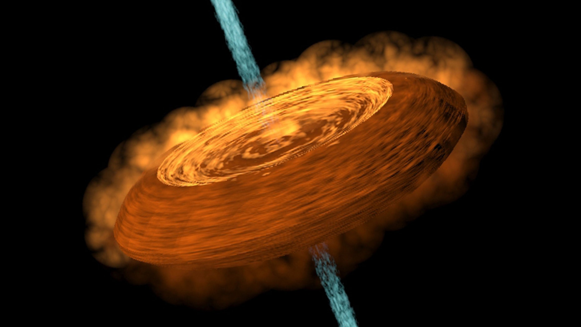 An illustration of a hamburger-shaped accretion disk feeding a young protostar, and the jets of gaseous material ejected from the young star's north and south poles.