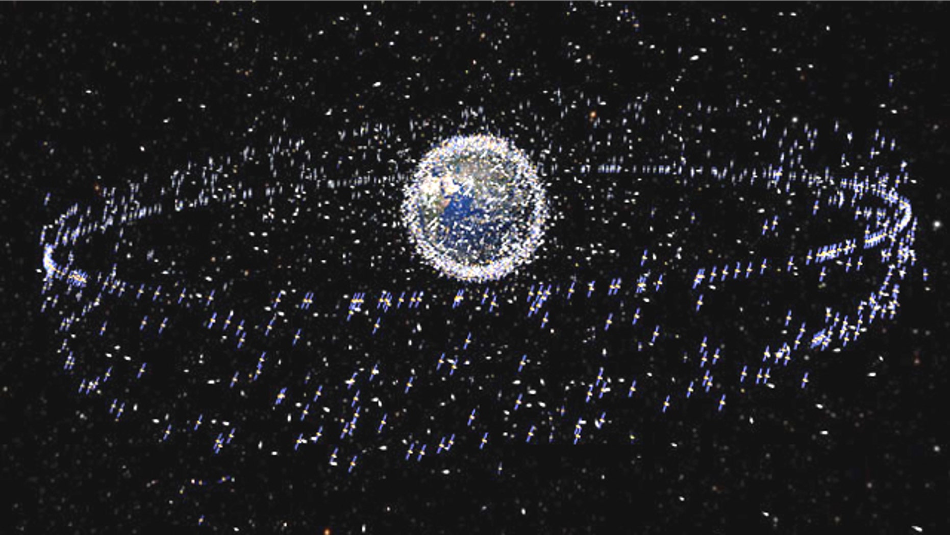 Trackable objects in orbit around Earth. Note: Size of debris is exaggerated relative to the Earth in this artist's interpretation.