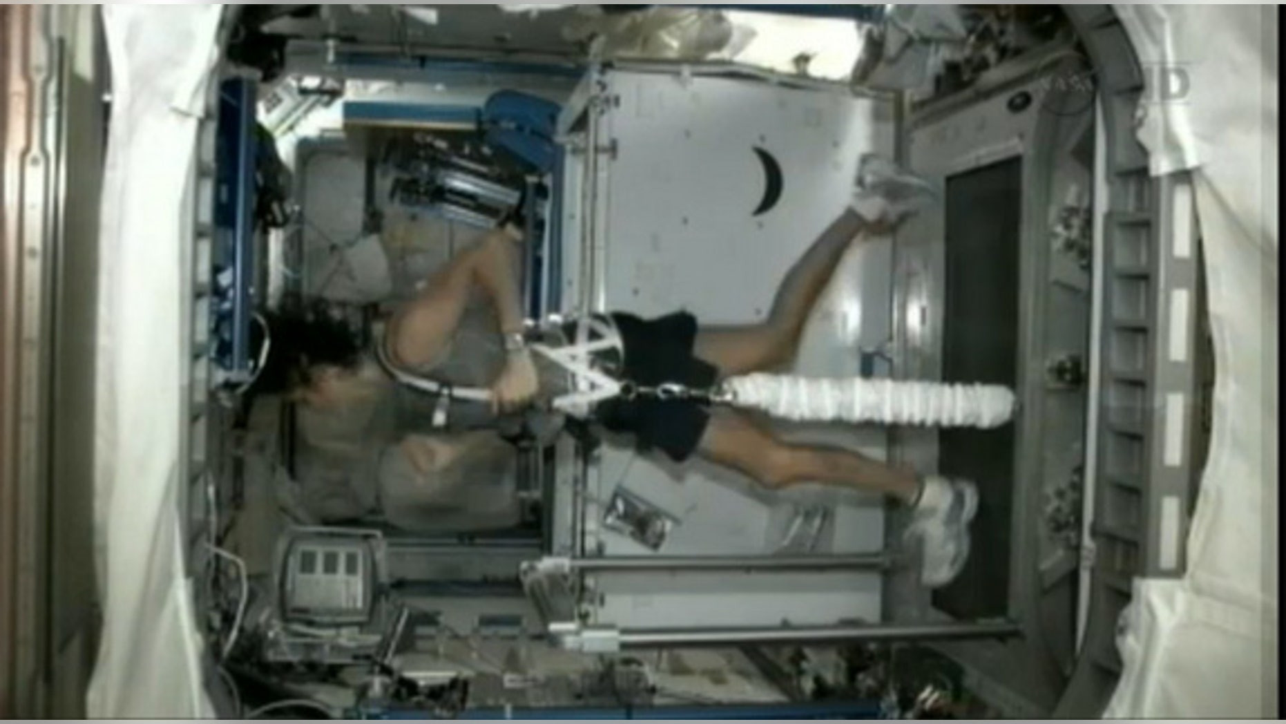 NASA astronaut Sunita Williams completed a triathlon from space Sept. 16, 2012, using an orbital treadmill to complete the running portion, a stationary bicycle for the biking leg, and a resistance machine to simulate swimming.