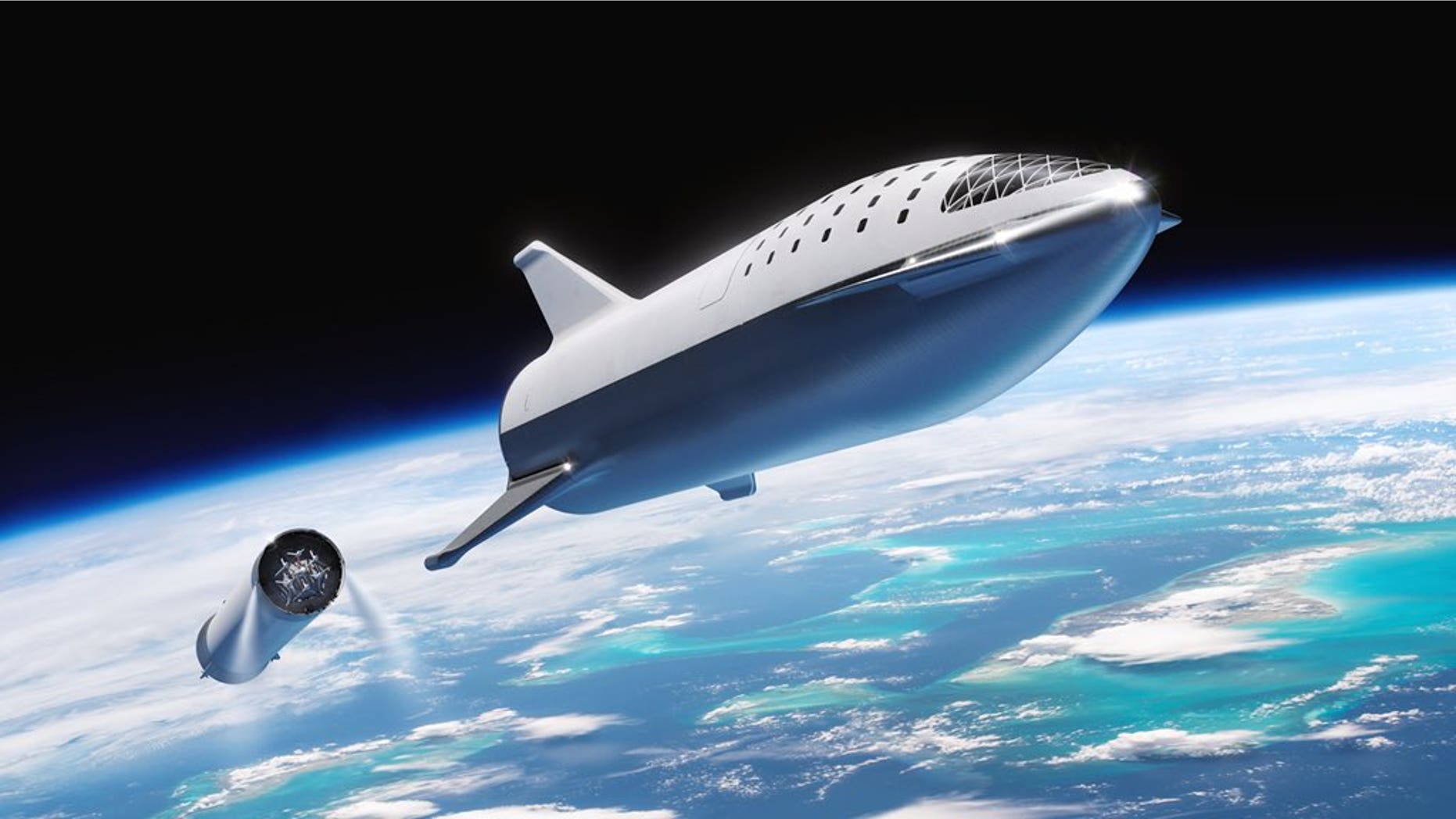An artist's illustration of SpaceX's Big Falcon Rocket launching into space. SpaceX will launch Japanese entrepreneur Yusaku Maezawa on the first private passenger flight around the moon, possibly in 2023.