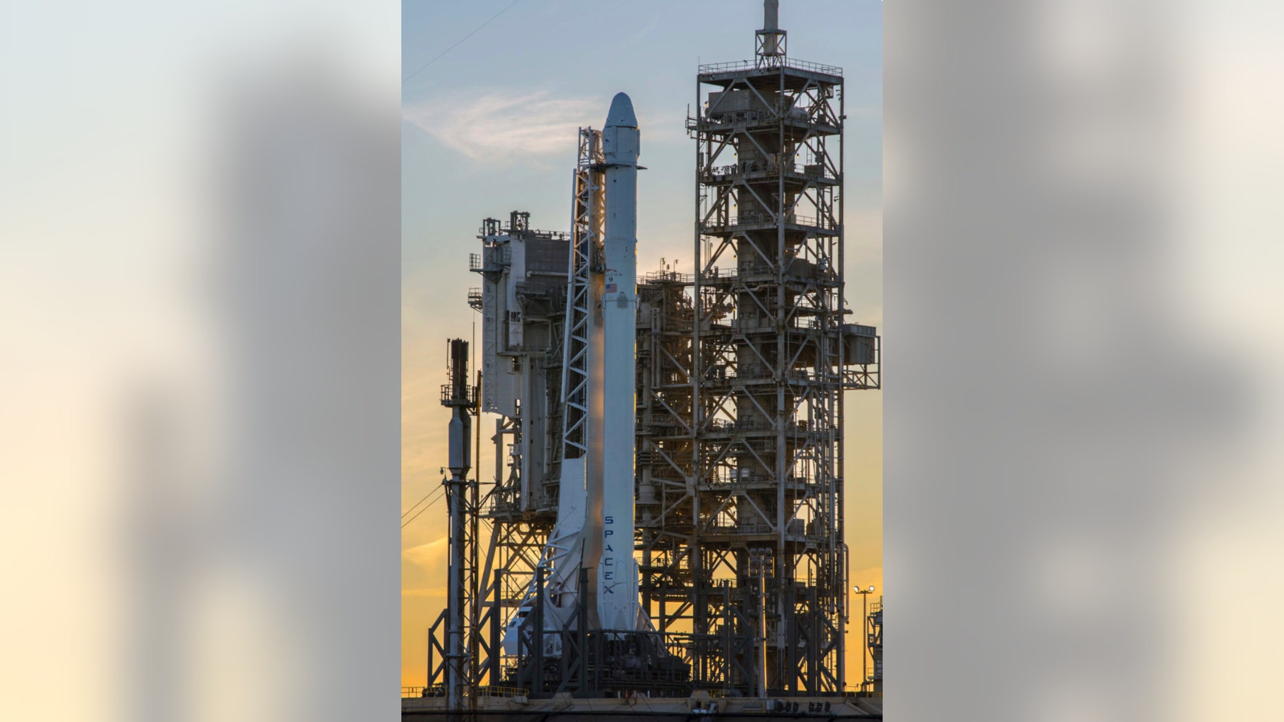 Space X Falcon9 rocket on launch pad 39A at the Kennedy Space Center Saturday.
