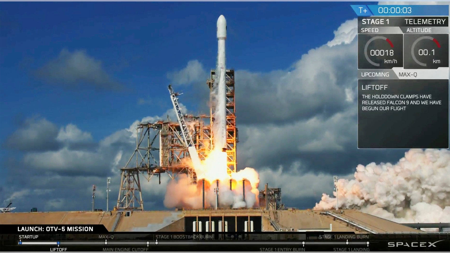 In this frame from video provided by SpaceX an unmanned Falcon rocket launches from Florida's Kennedy Space Center, Thursday, Sept. 7, 2017. It's the fifth flight for one of these crewless mini shuttles, known as the X-37B Orbital Test Vehicle. (SpaceX via AP)