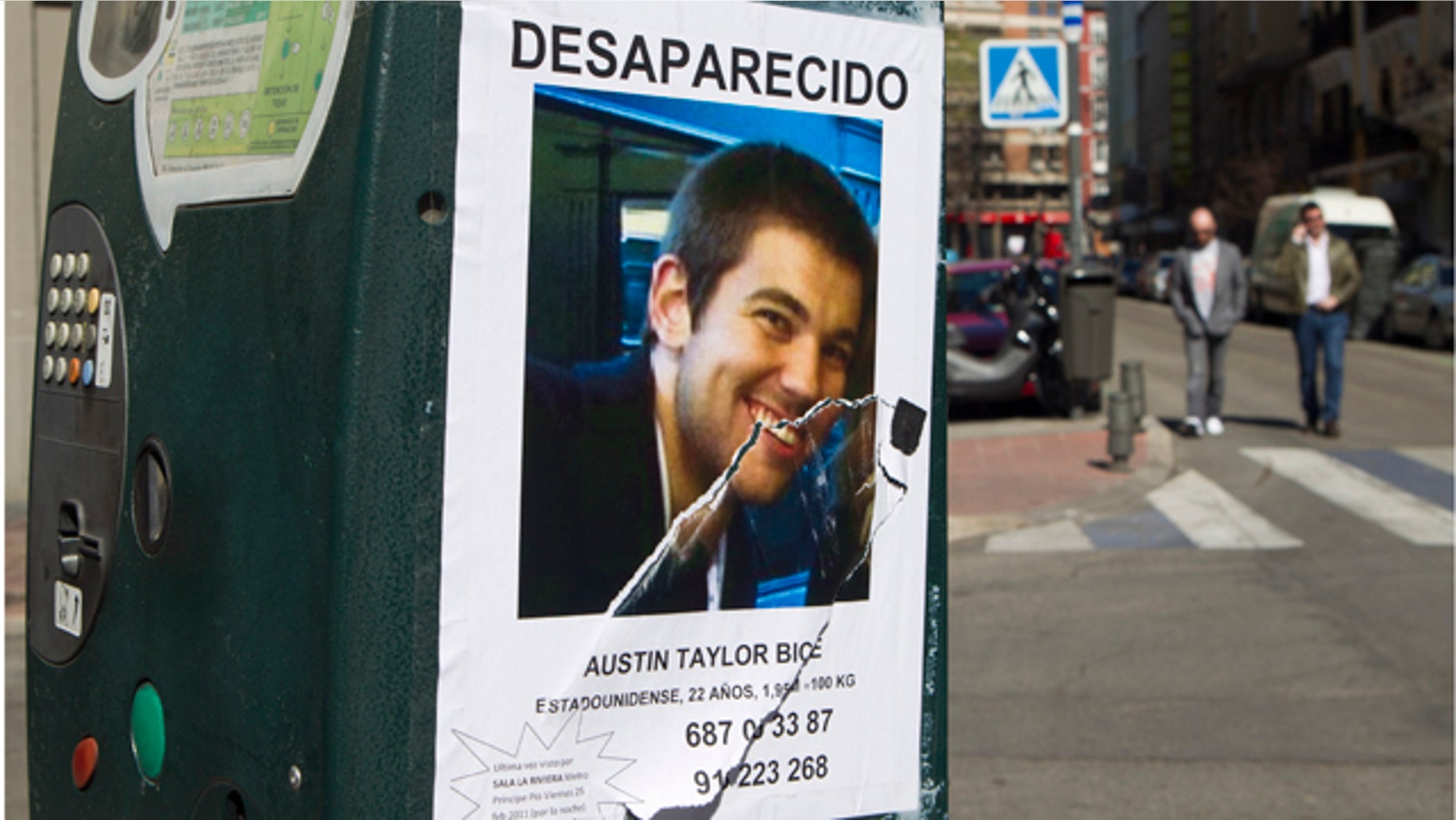 March 6, 2011: A poster of missing U.S. student Austin Bice, stuck to a parking meter in Madrid. Police, family and friends have stepped up a search for the San Diego State University exchange student who went missing after visiting a nightclub in Madrid more than a week ago.