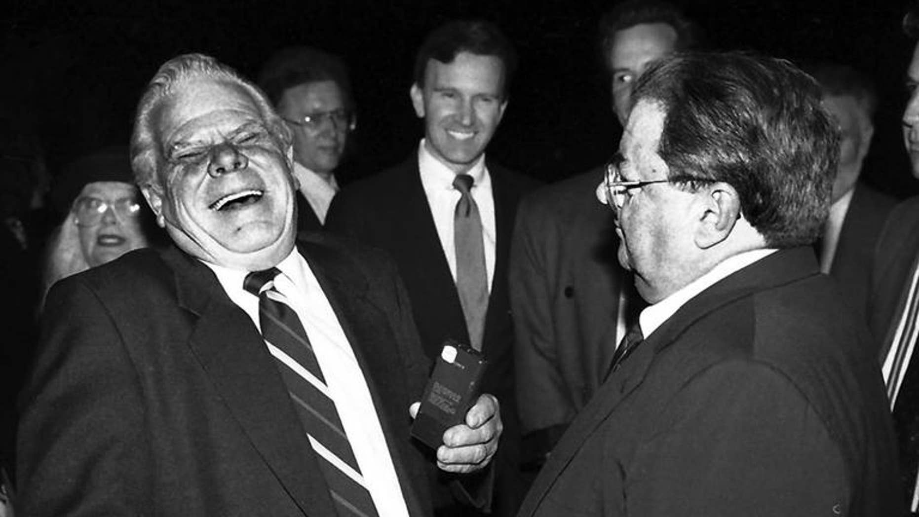 Hanlon's fellow 'Our Gang' stars Tom "Butch" Bond and George "Spanky" McFarland (l-r) share a laugh in 1992.